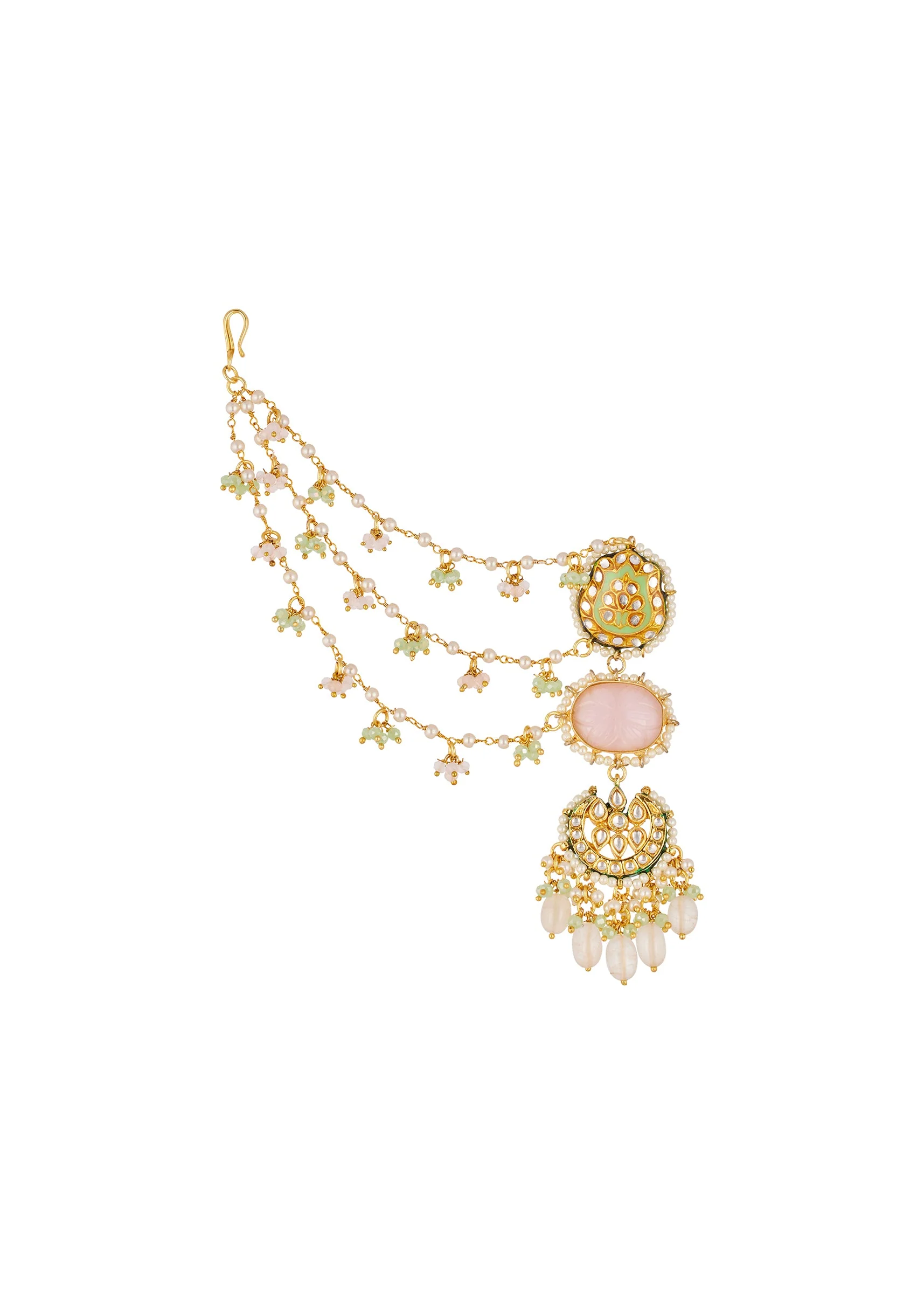 Multi Traditional Kundan Kaan Chain Earrings with Faux Pearl and Stones - Image 3