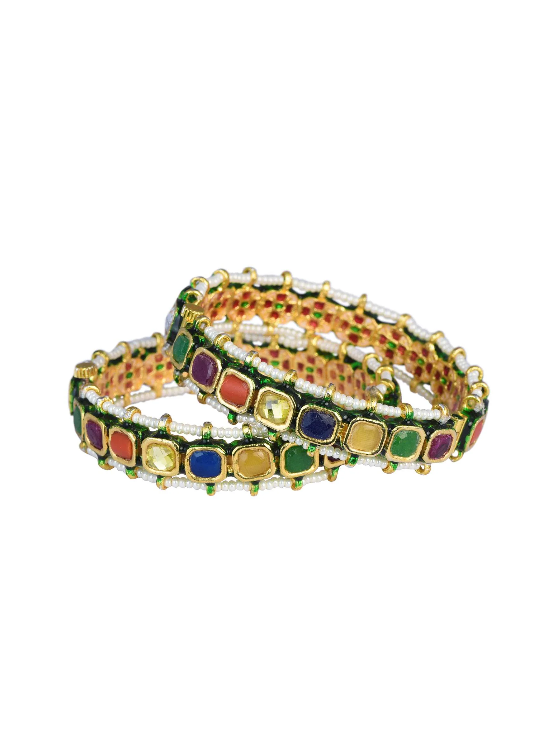 Multicolor Bangle With Studded Kundan And Meenakari Work Set of 2 - Image 4