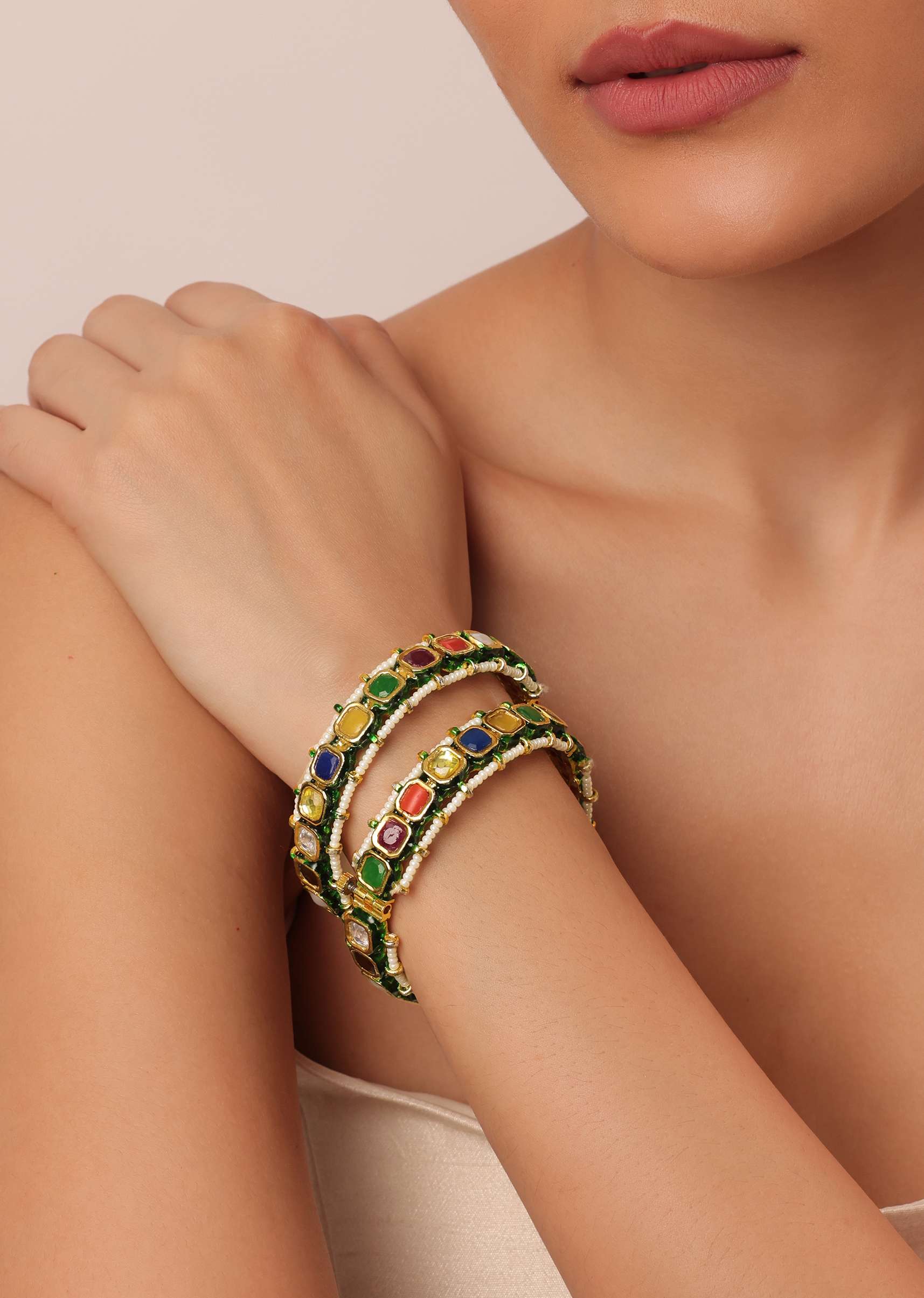 Multicolor Bangle With Studded Kundan And Meenakari Work Set of 2 - Image 5