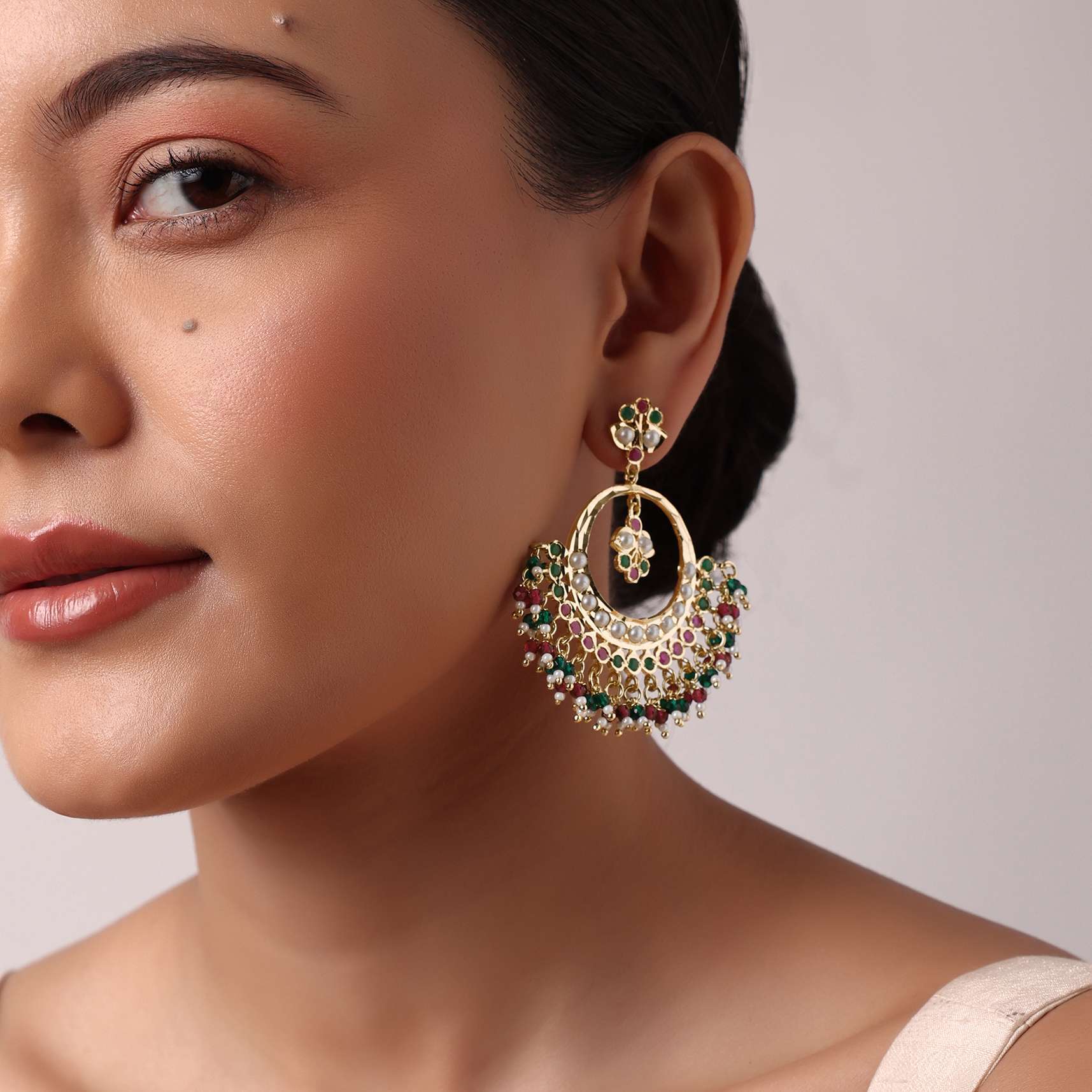 Multicolor Danglers With Kundan And Bead Drops - Image 4