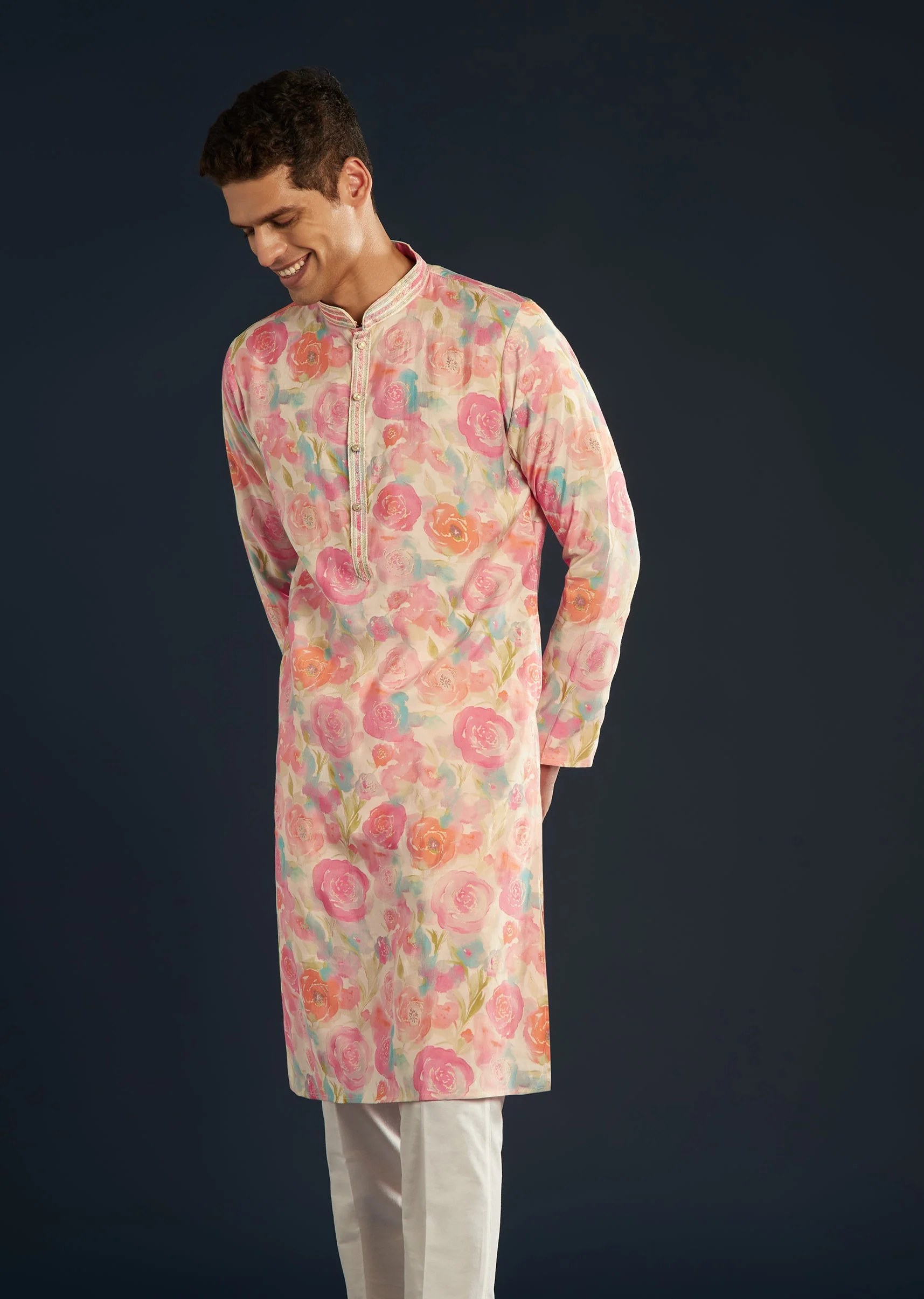 Multicolor Floral Print Silk Kurta and Pant Set - Image 4