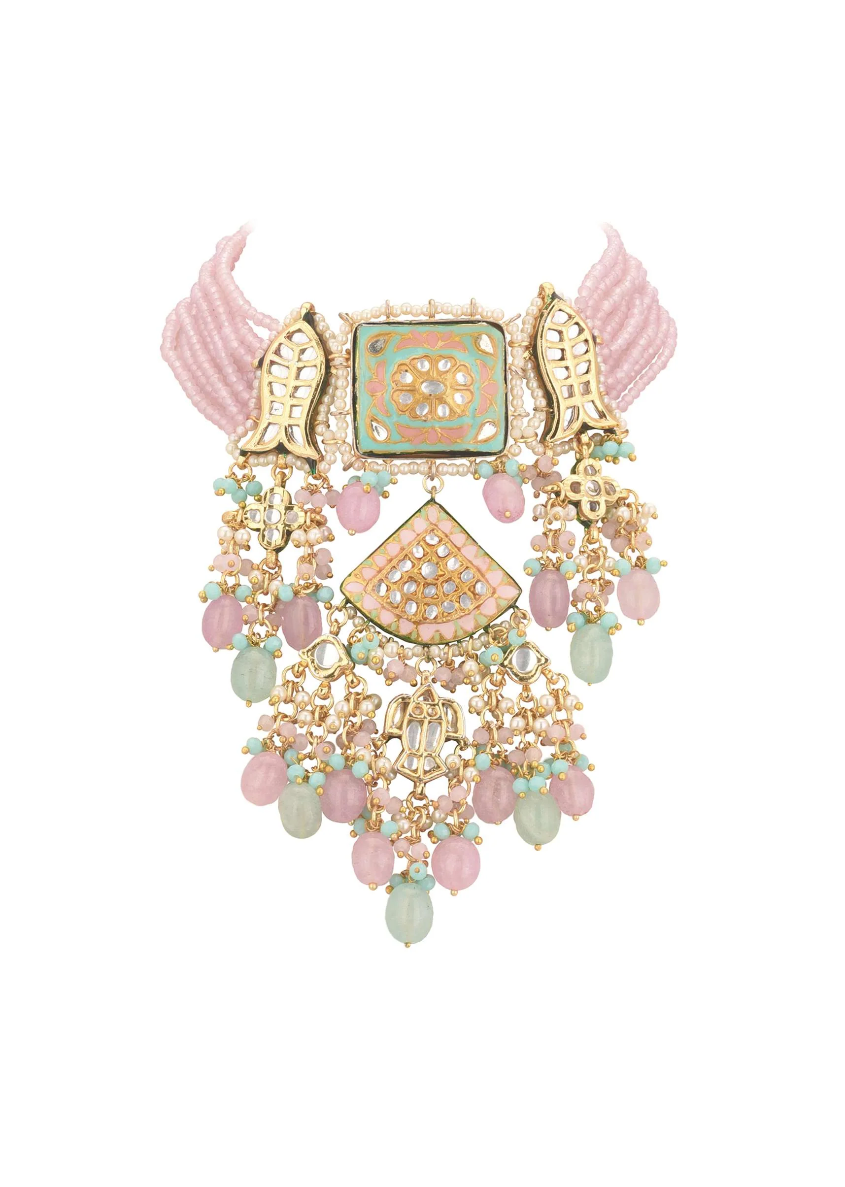 Multicolor Gold-Finish Kundan Choker Necklace Set With Colourful Meenakari Work And Stones In Mix Metal - Image 8
