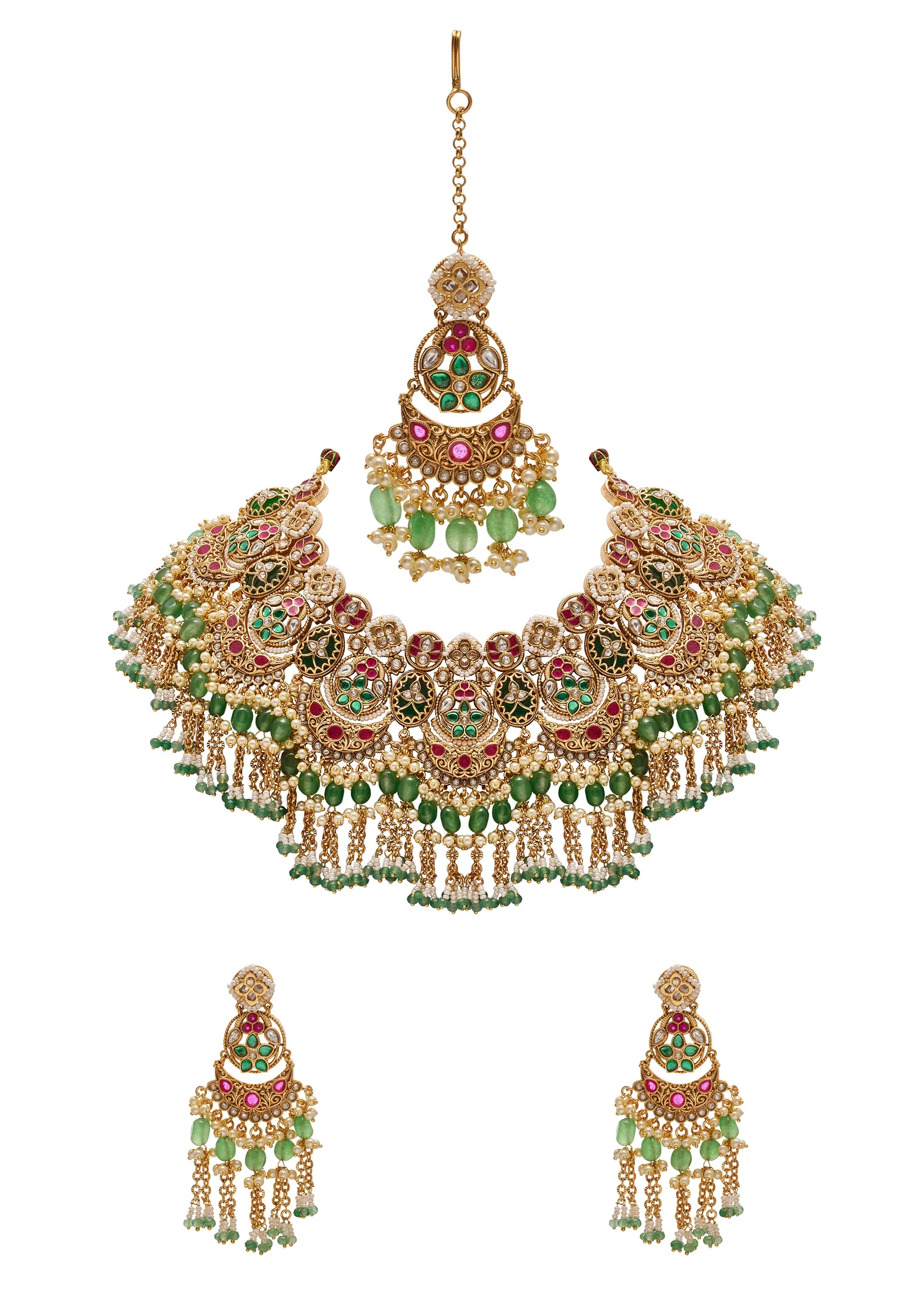 Multicolor Kundan Necklace Set With Bead Drops