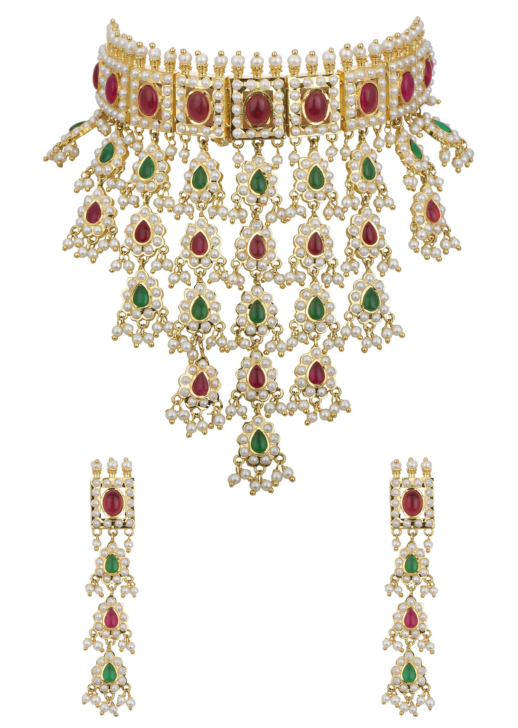 Multicolor Kundan Tiered Choker Set With Teardrop Pendants - Image 3