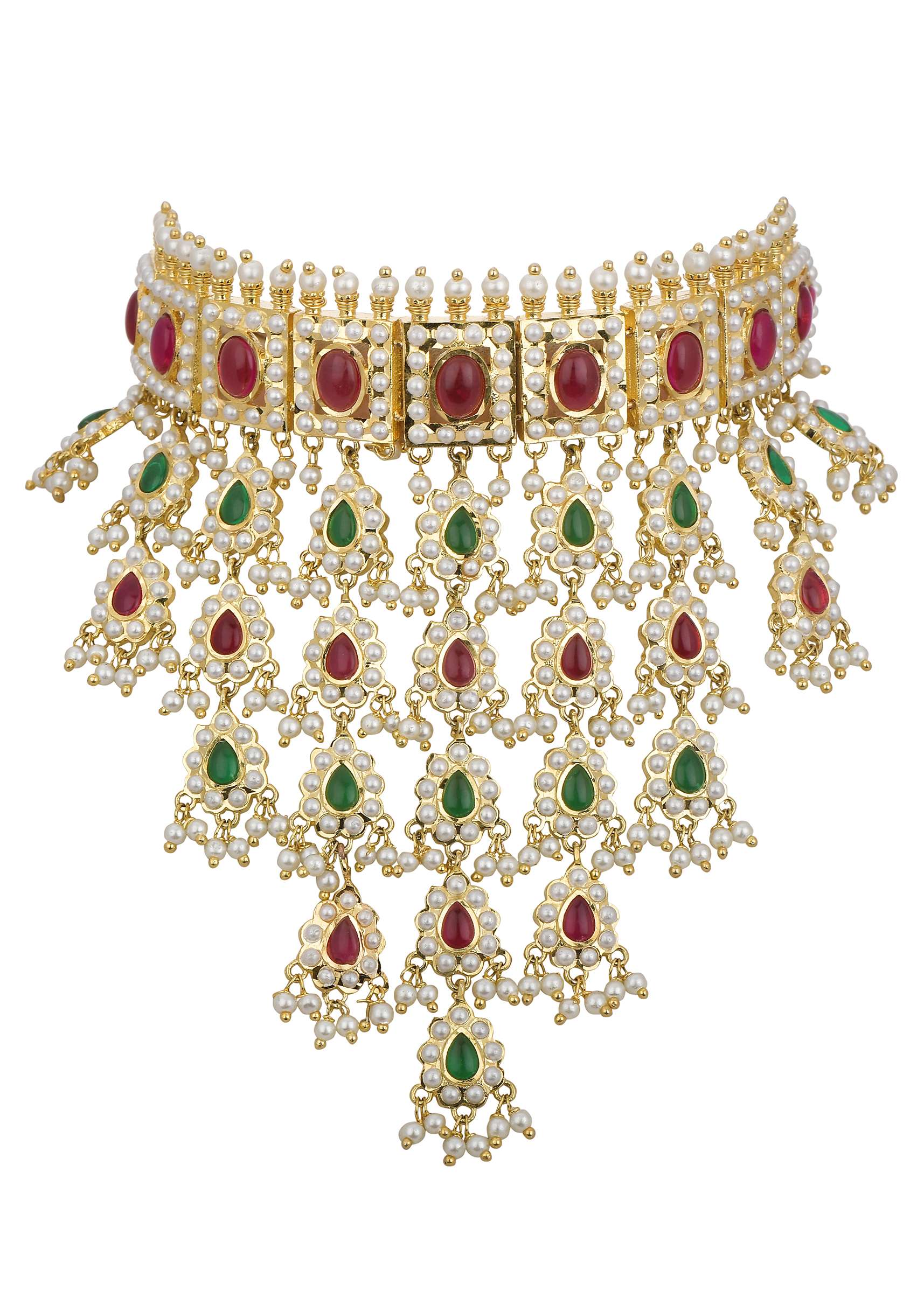 Multicolor Kundan Tiered Choker Set With Teardrop Pendants - Image 4