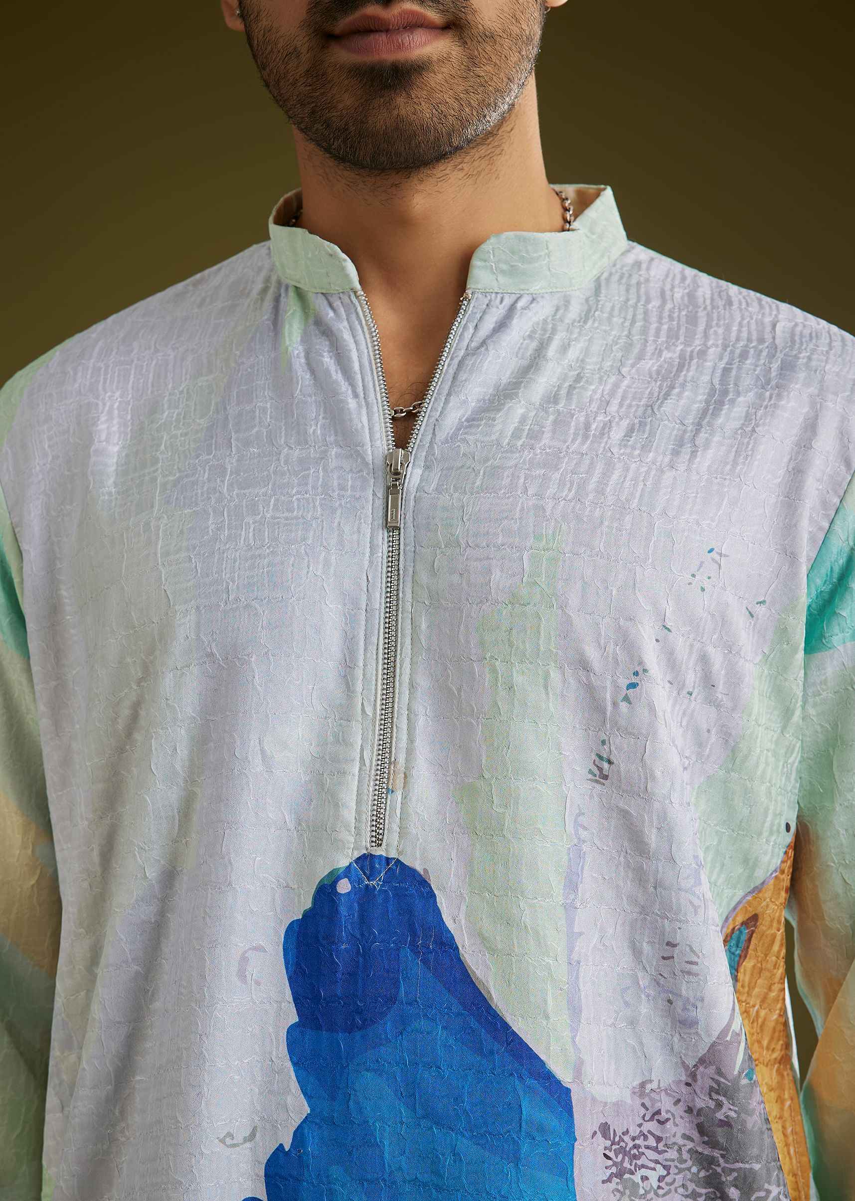 Multicolor Linen Abstract Printed Zipper Kurta Set - Image 2