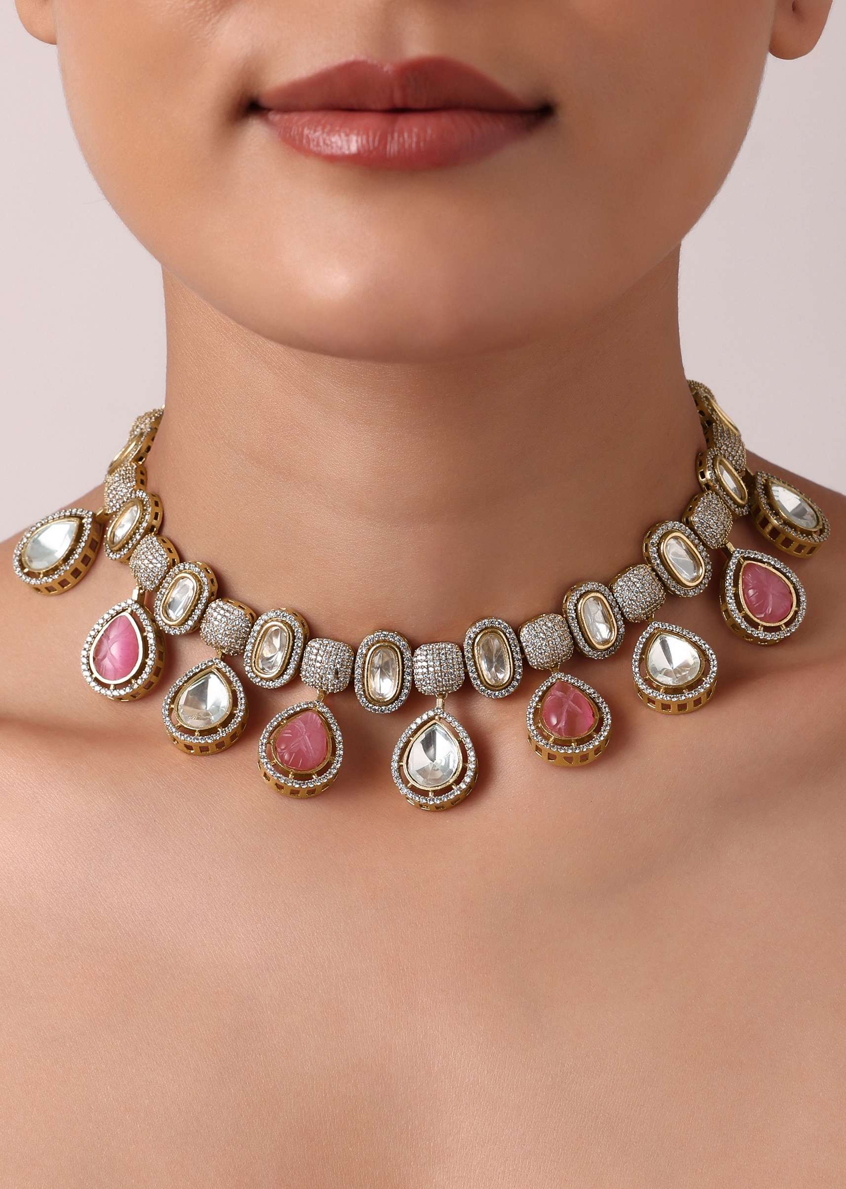 Multicolor Polki Choker Set With Kundan - Image 5