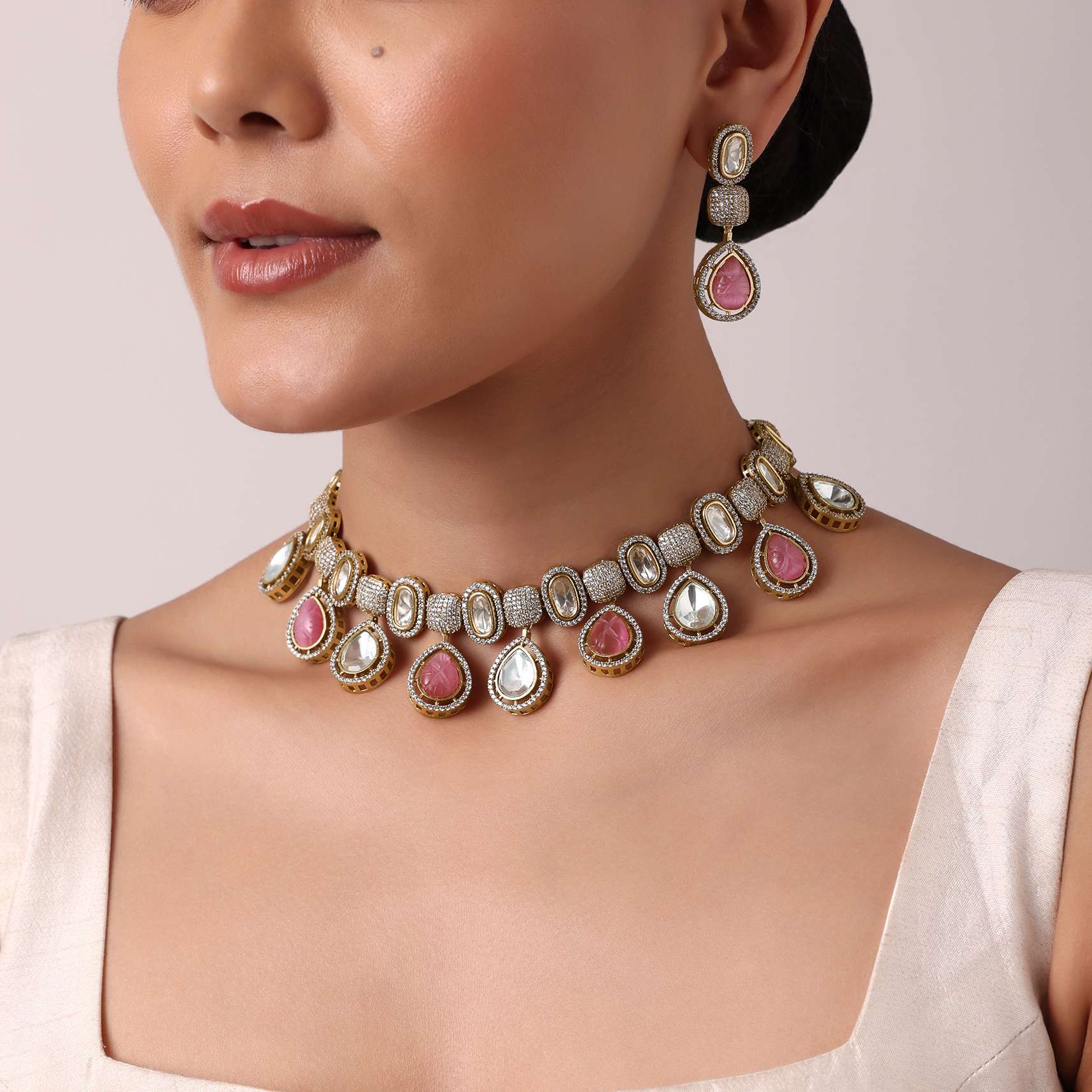 Multicolor Polki Choker Set With Kundan - Image 7