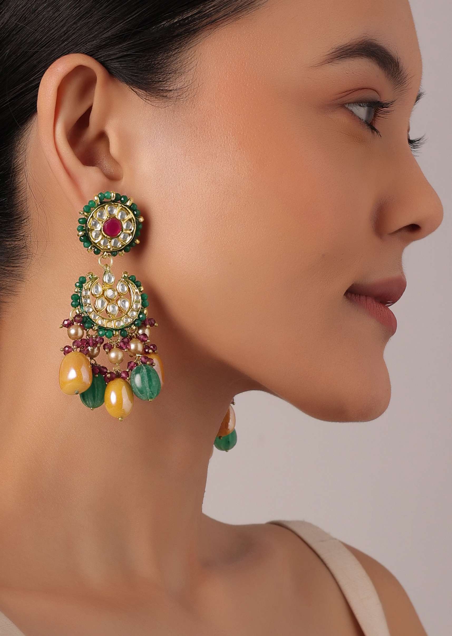 Multicolor Rajwadi Danglers With Kundan Polki And Bead Drops - Image 2