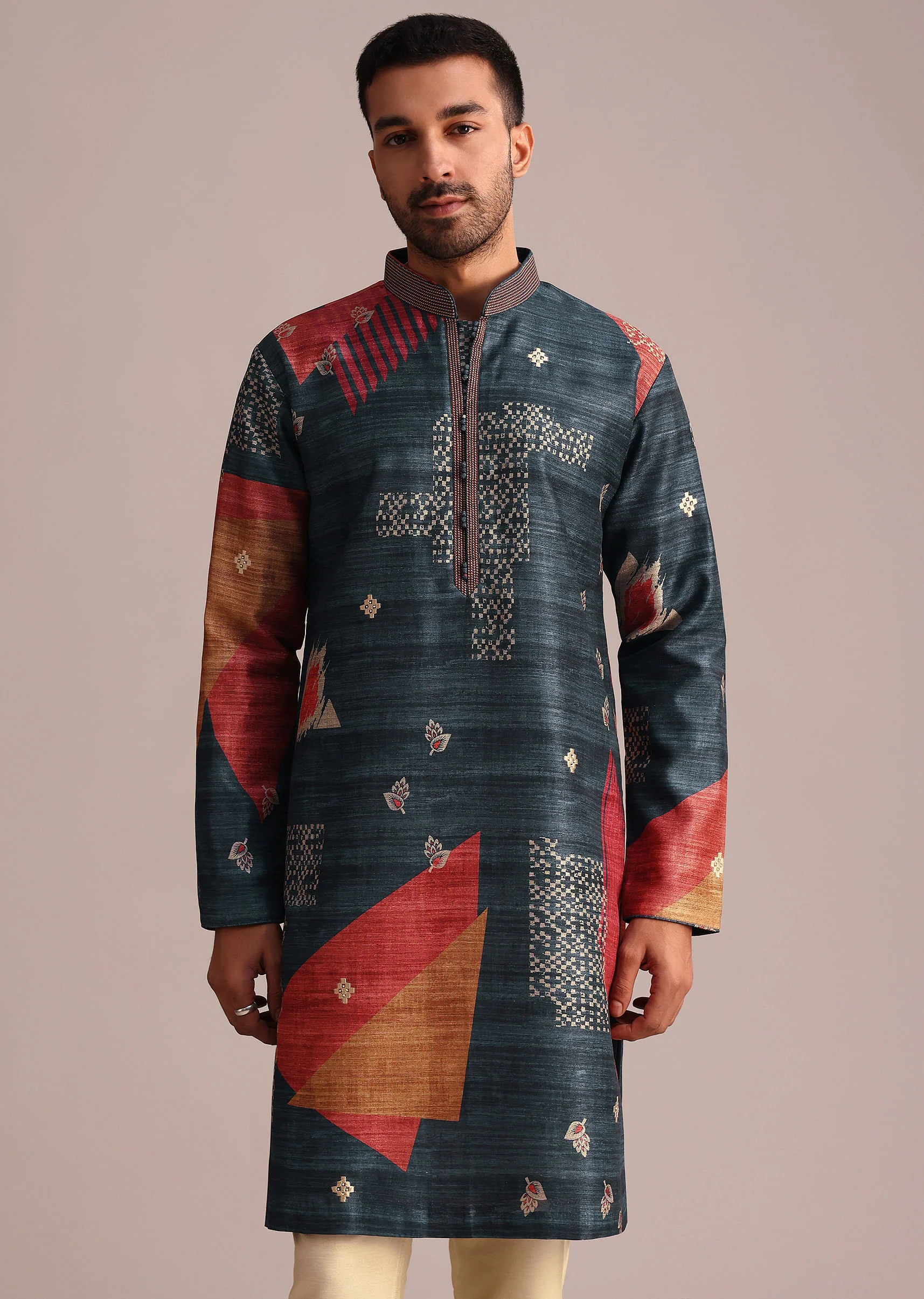 Multicolor Tussar Silk Printed Kurta Set - Image 4
