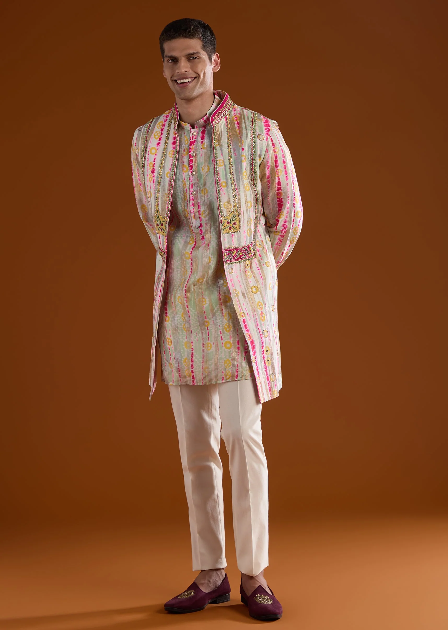 Multicolored Silk Mens Kurta Jacket Set With Thread And Zardosi Work - Image 3