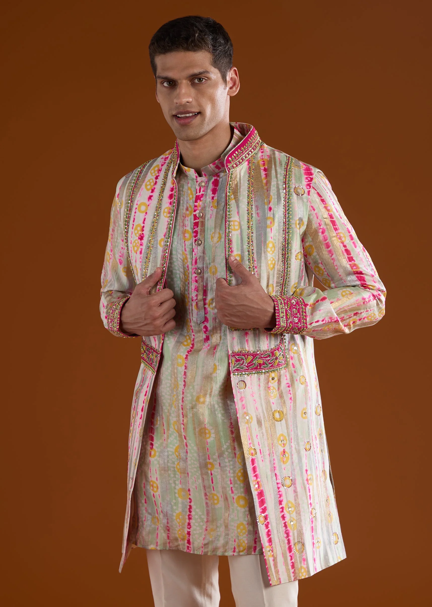 Multicolored Silk Mens Kurta Jacket Set With Thread And Zardosi Work - Image 4