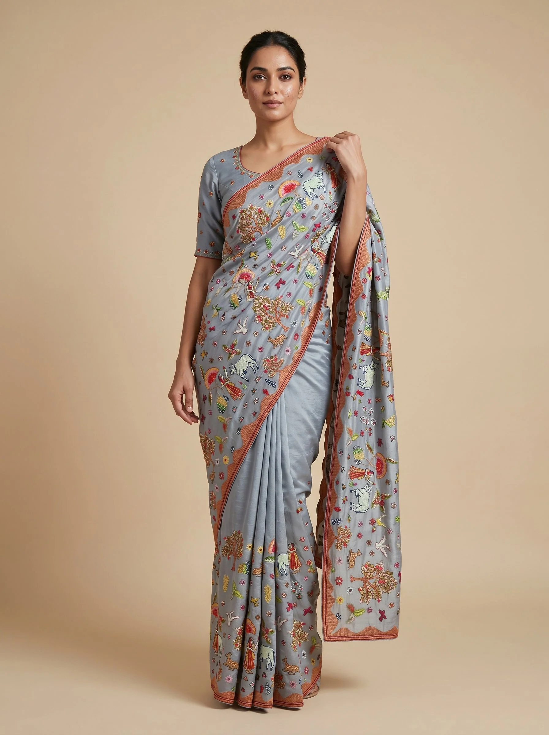 Multicolour embroidered saree with detailed weave