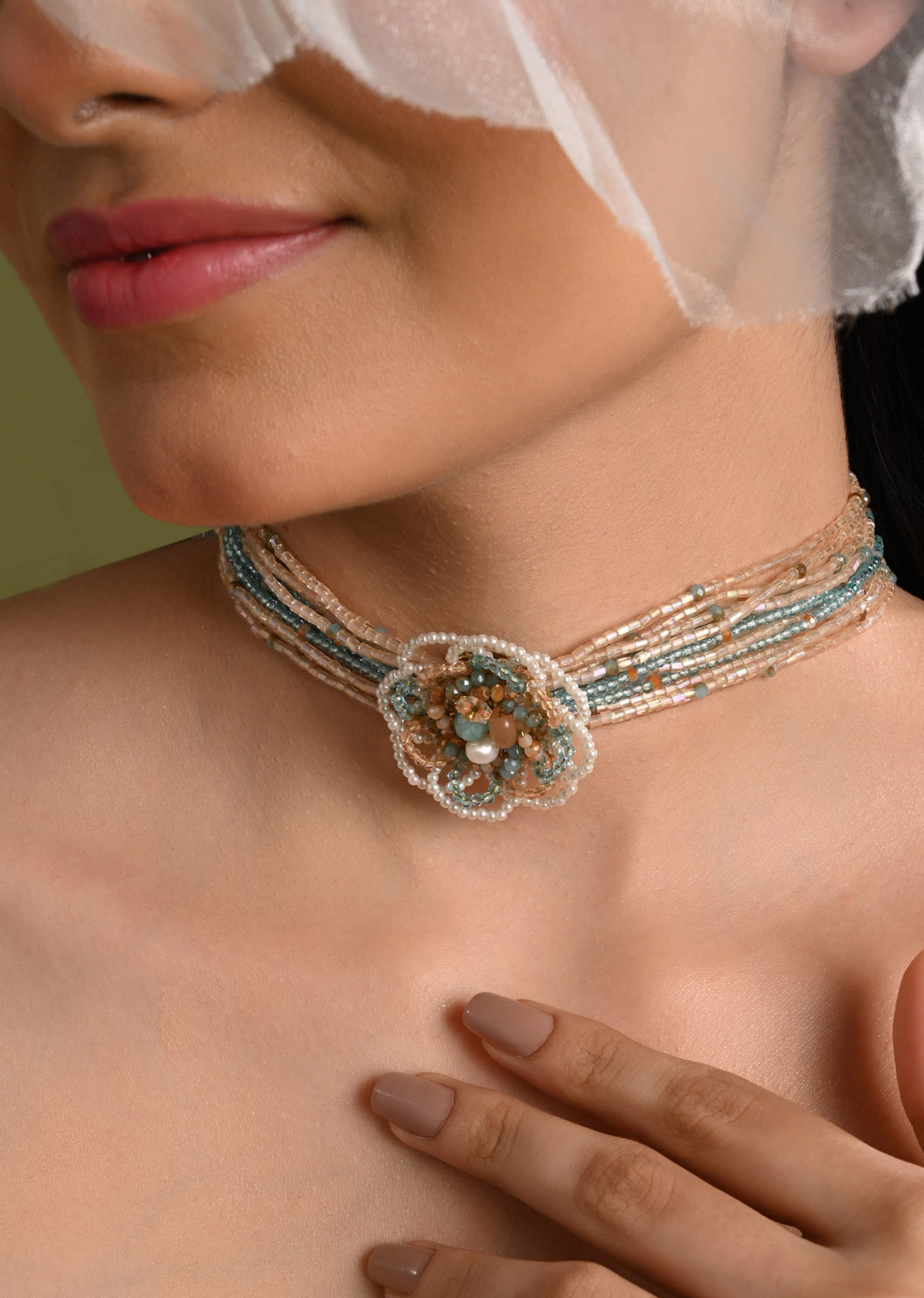 multicolour flower pearl beaded stone choker