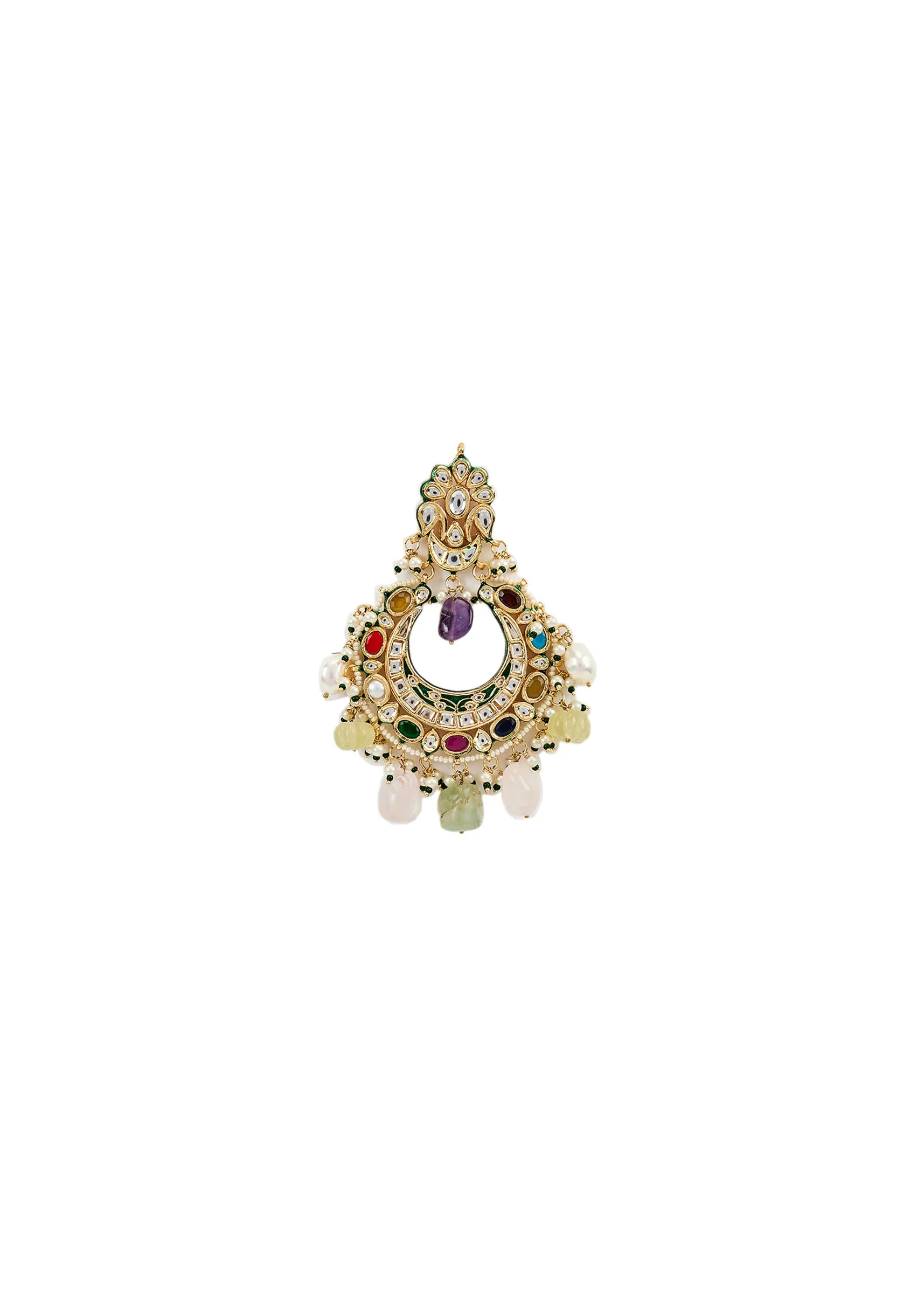 Multicolour Gemstones And Pearls With Crescent Shaped Chandbalis - Image 3