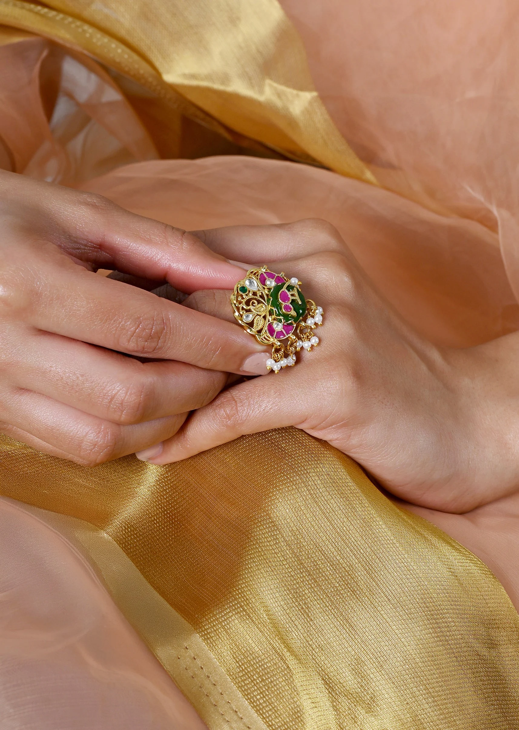 Multicolour Jadau Kundan Statement Ring - Image 2