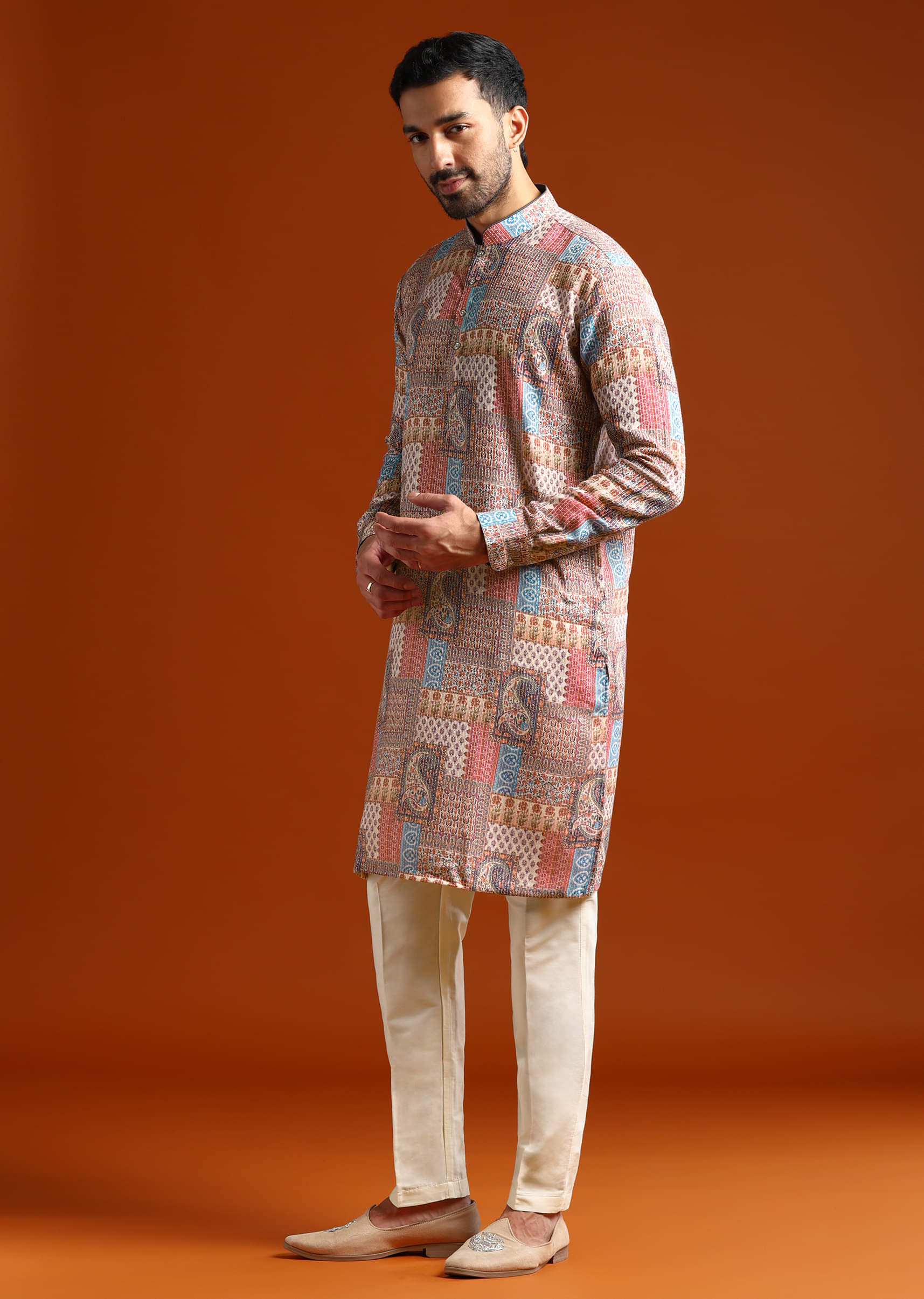 Multicolour Kurta Set For Men With Kantha Work - Image 3