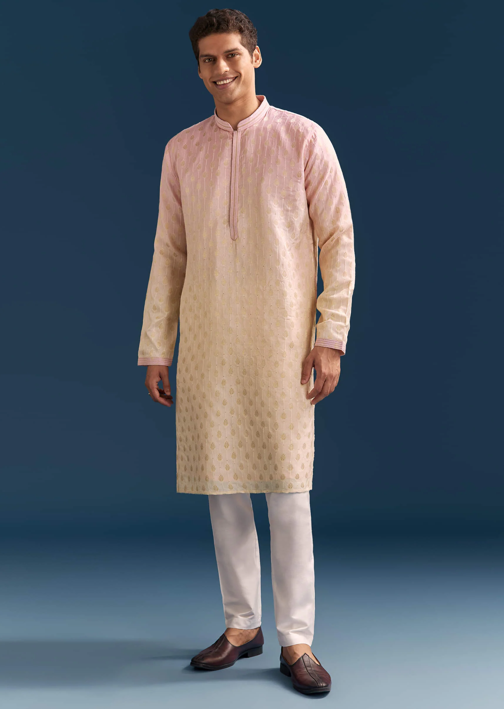 Multicolour Pastel Silk Kurta Set For Men With Sequins Embroidery - Image 2