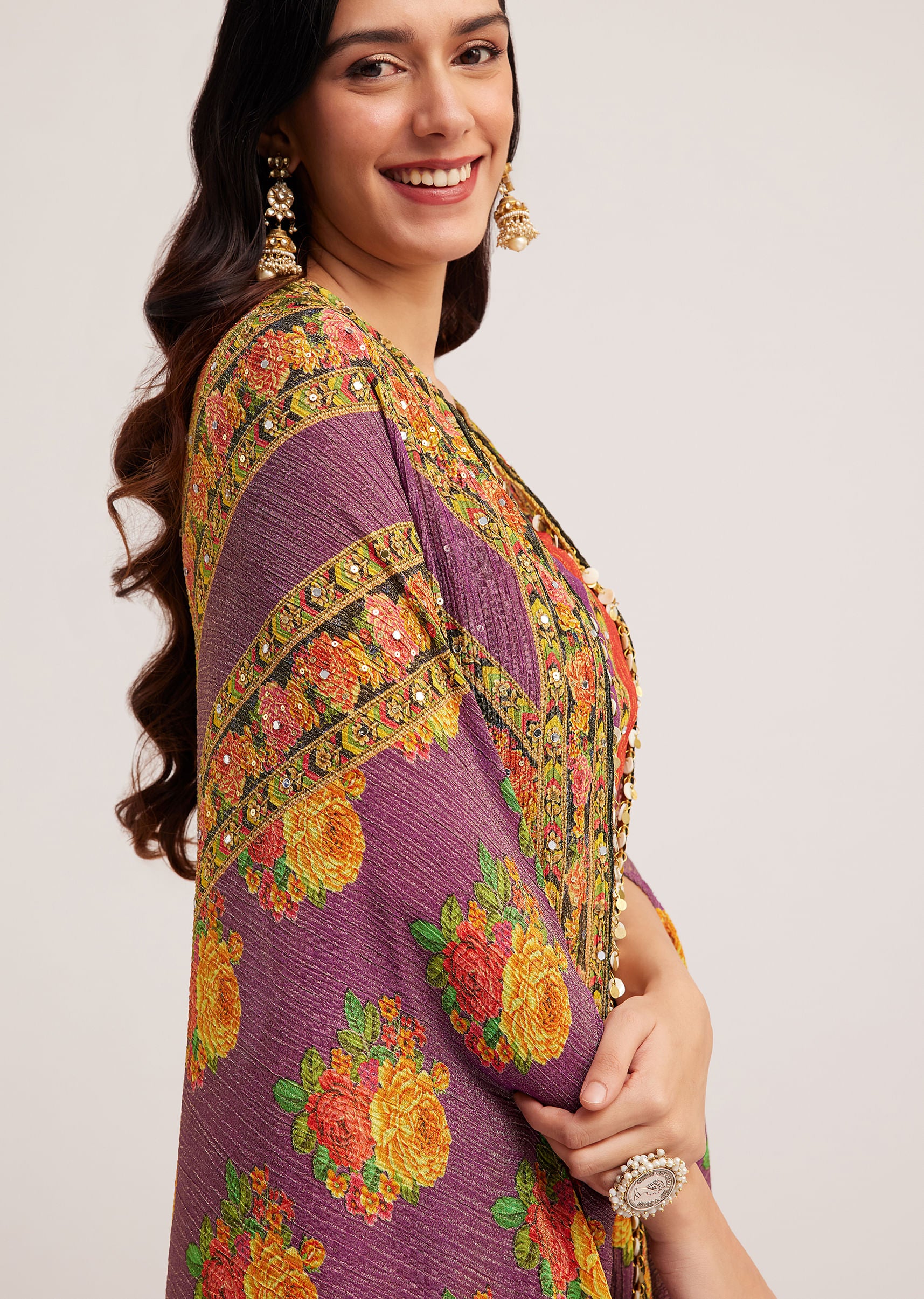 Multicolour Printed Crop Top Palazzo And Cape Set - Image 2