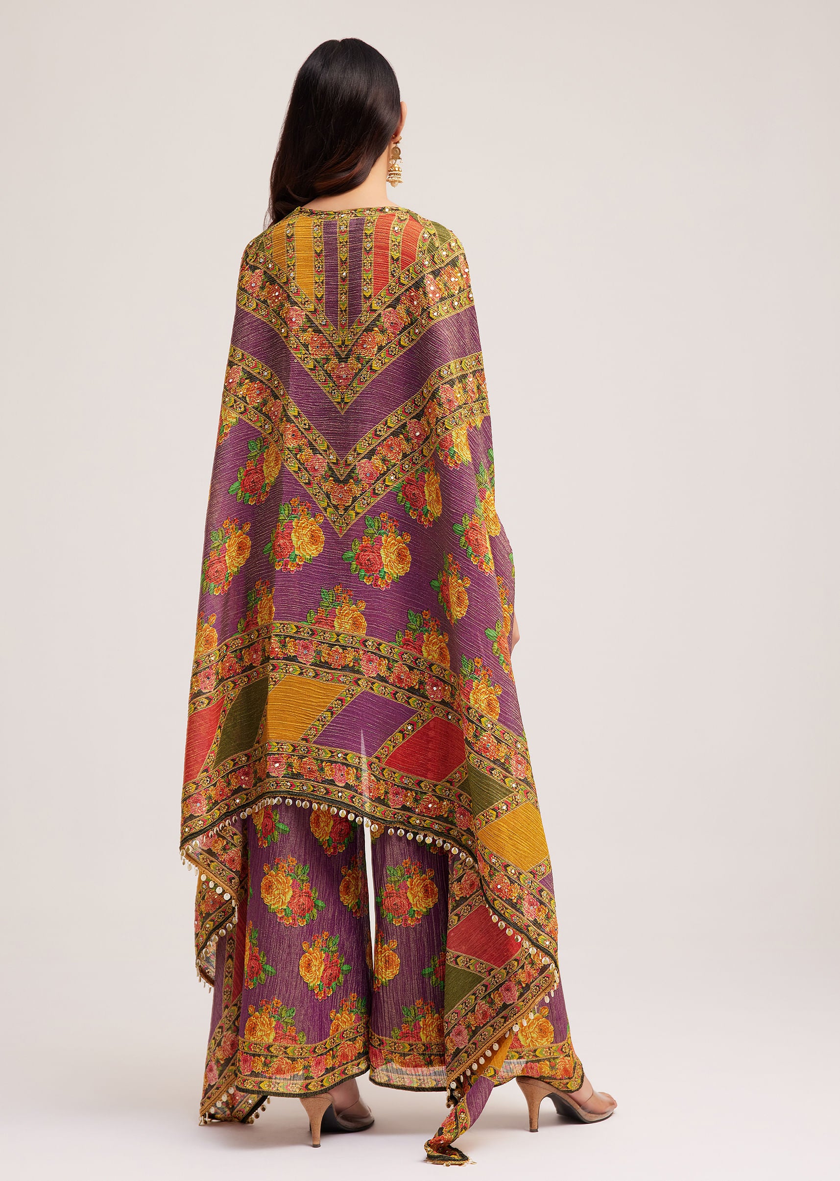 Multicolour Printed Crop Top Palazzo And Cape Set - Image 5