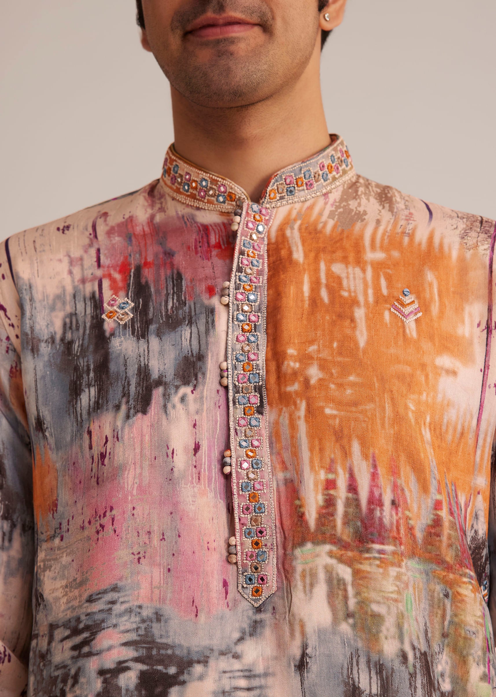 Multicolour Printed Silk Kurta Set With Mirror Work