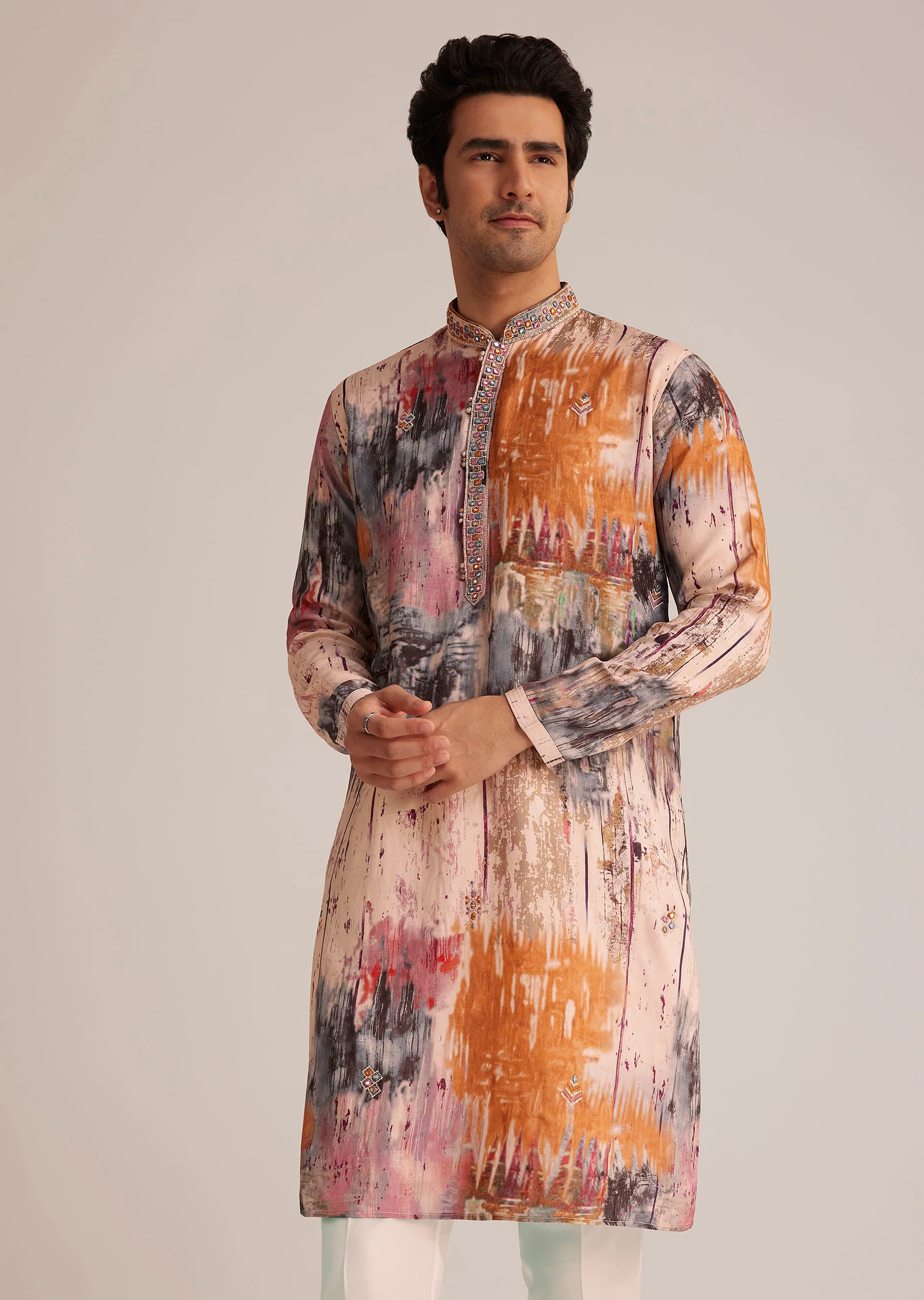 Multicolour Printed Silk Kurta Set With Mirror Work - Image 3