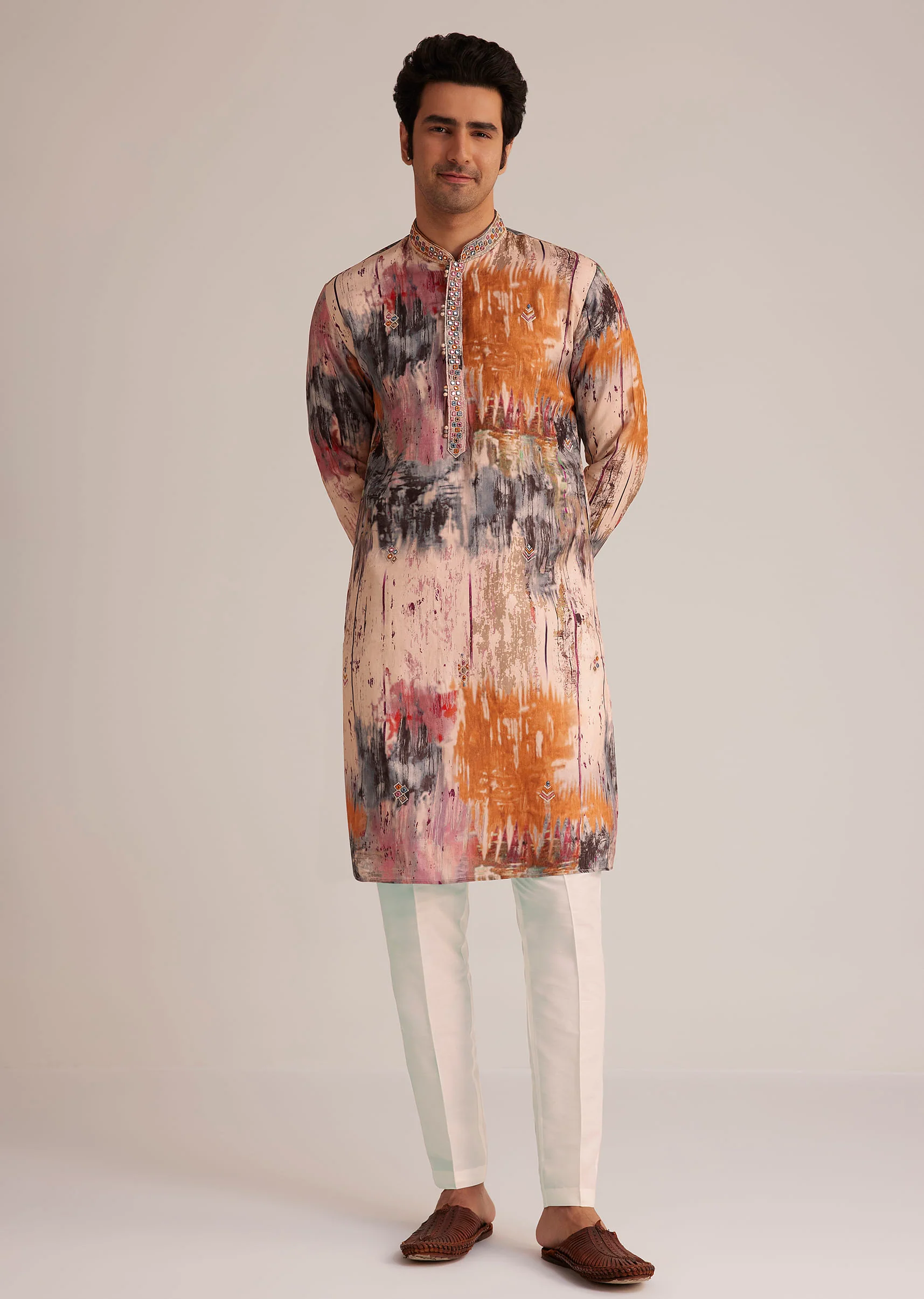 Multicolour Printed Silk Kurta Set With Mirror Work - Image 4