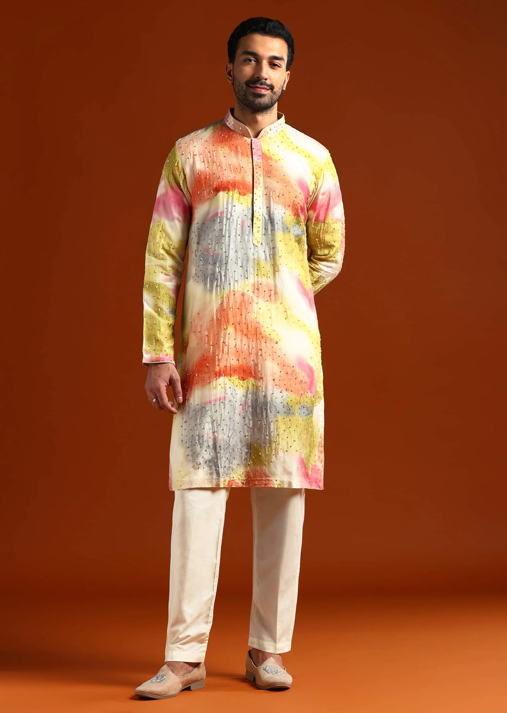 Multicolour Silk Kurta Set For Men With Heavy Hand Embroidery - Image 3
