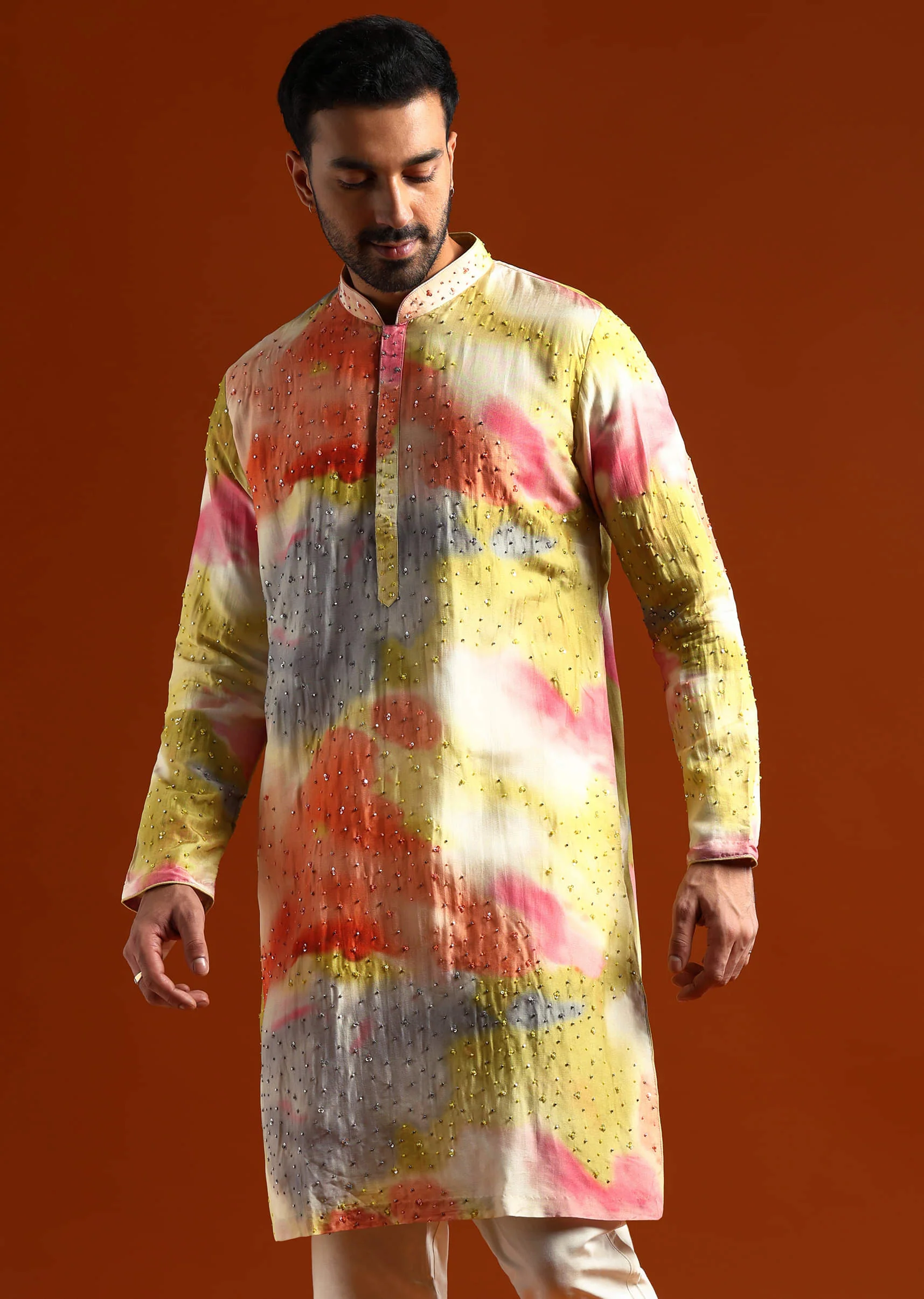 Multicolour Silk Kurta Set For Men With Heavy Hand Embroidery - Image 4