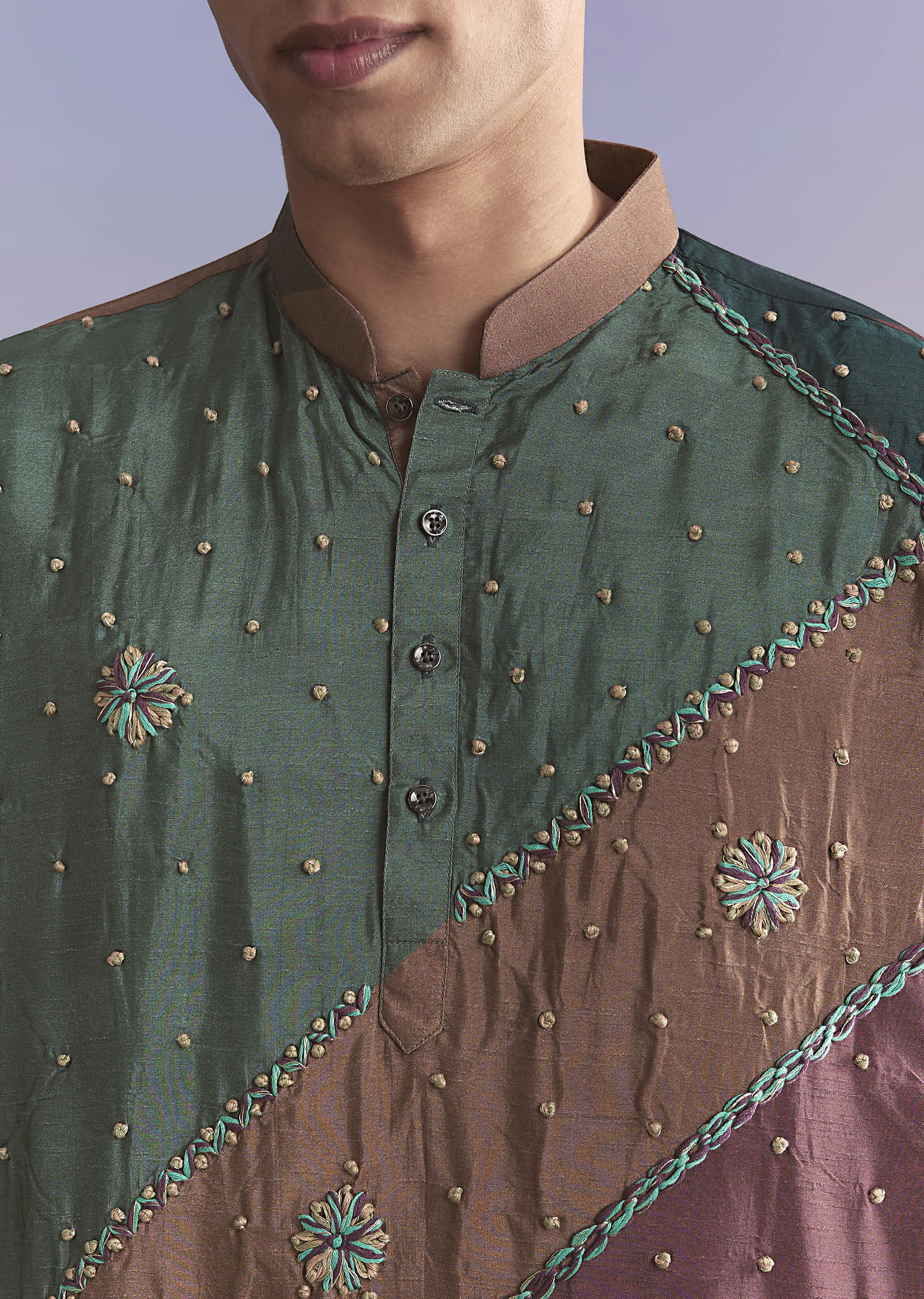 Multicolour Silk Kurta Set For Men With Intricate Resham Work - Image 2