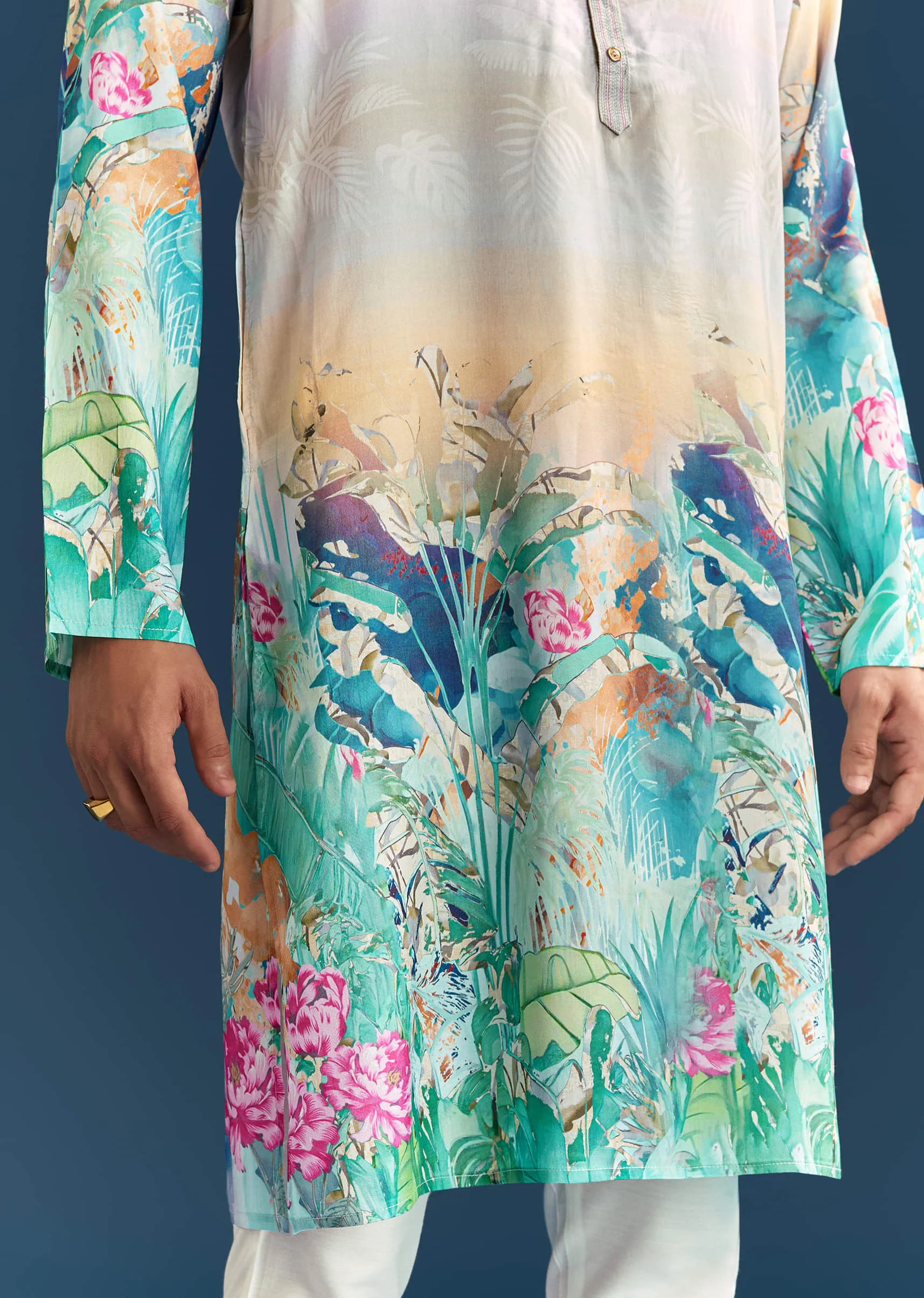 Multicolour Silk Kurta Set For Men With Ombre Print - Image 2