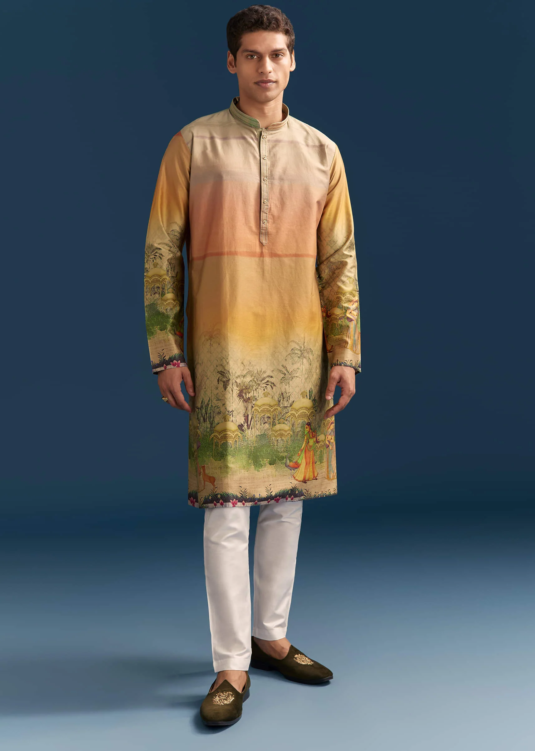Multicolour Silk Kurta Set For Men With Pichwai Print - Image 3
