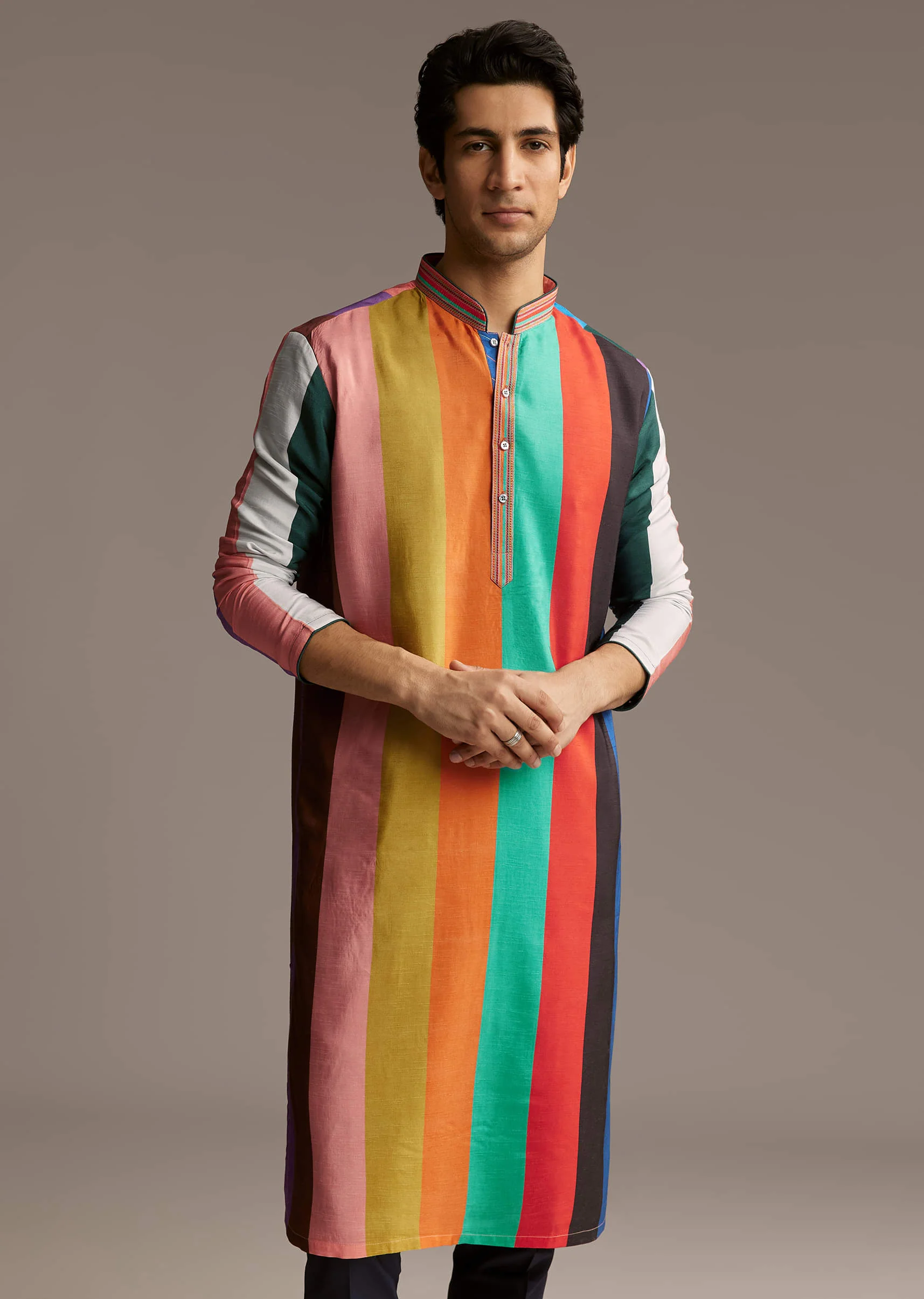 Multicolour Silk Kurta Set For Men With Stripe Print - Image 4