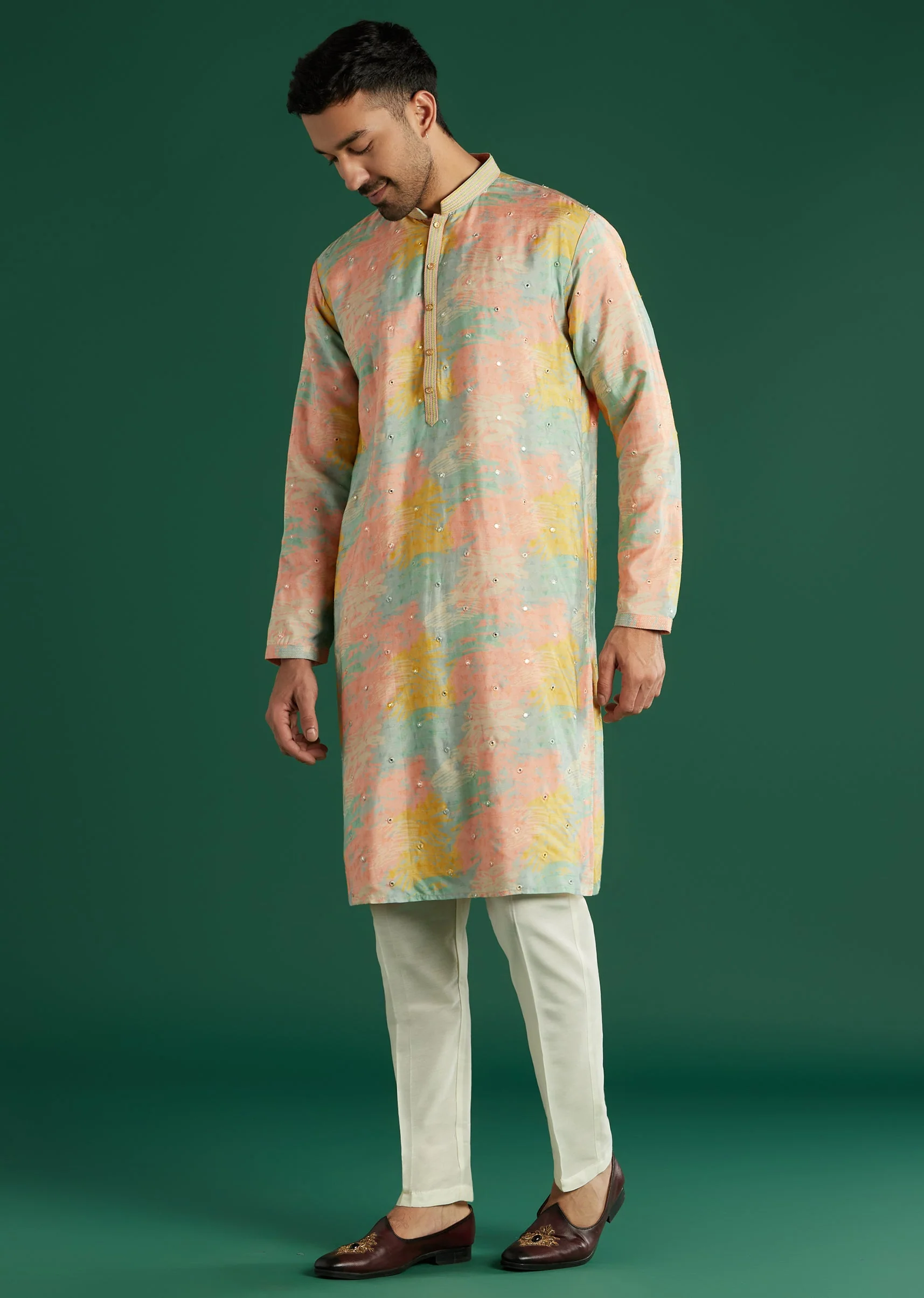 Multicolour Silk Kurta Set For Men With Tie Dye And Mirror Work - Image 3