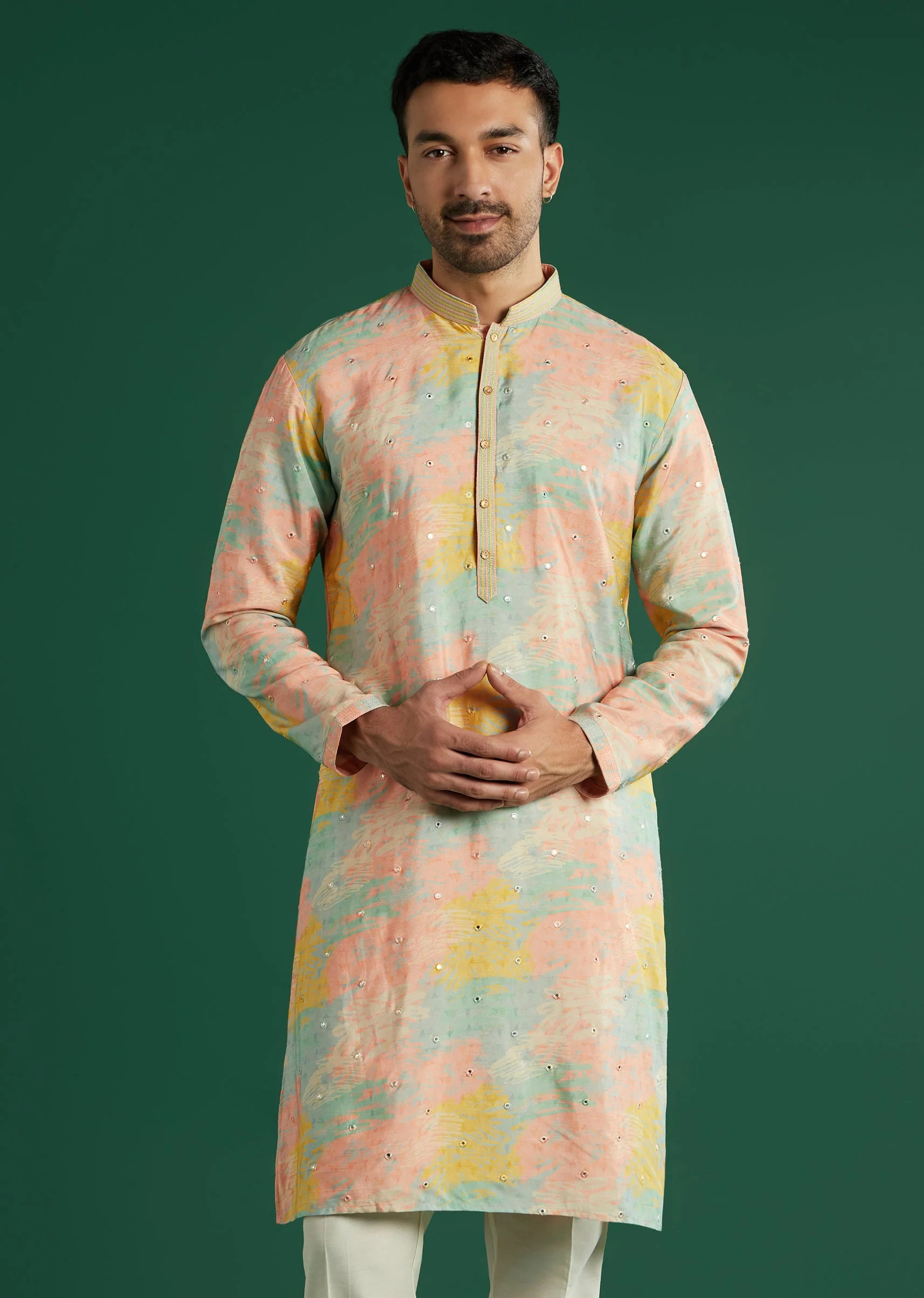 Multicolour Silk Kurta Set For Men With Tie Dye And Mirror Work - Image 4
