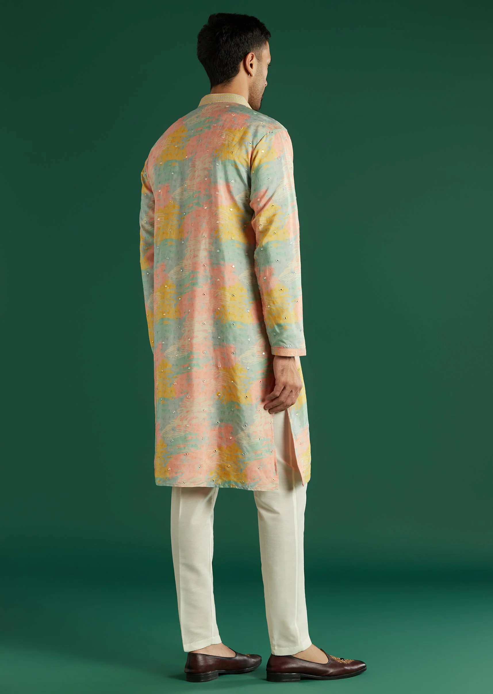 Multicolour Silk Kurta Set For Men With Tie Dye And Mirror Work - Image 5