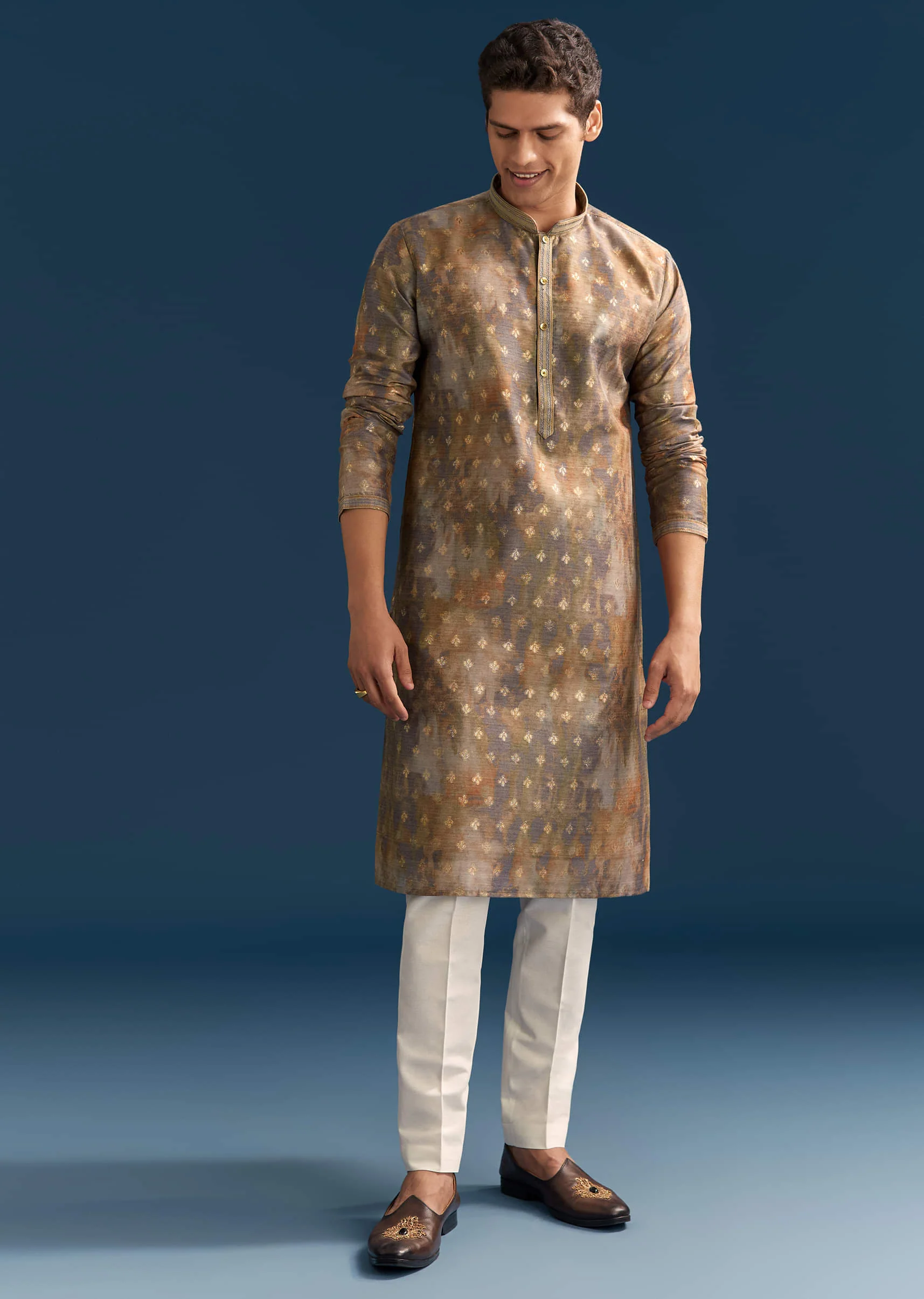 Multicolour Silk Printed Kurta Set For Men With Foil Butti Work