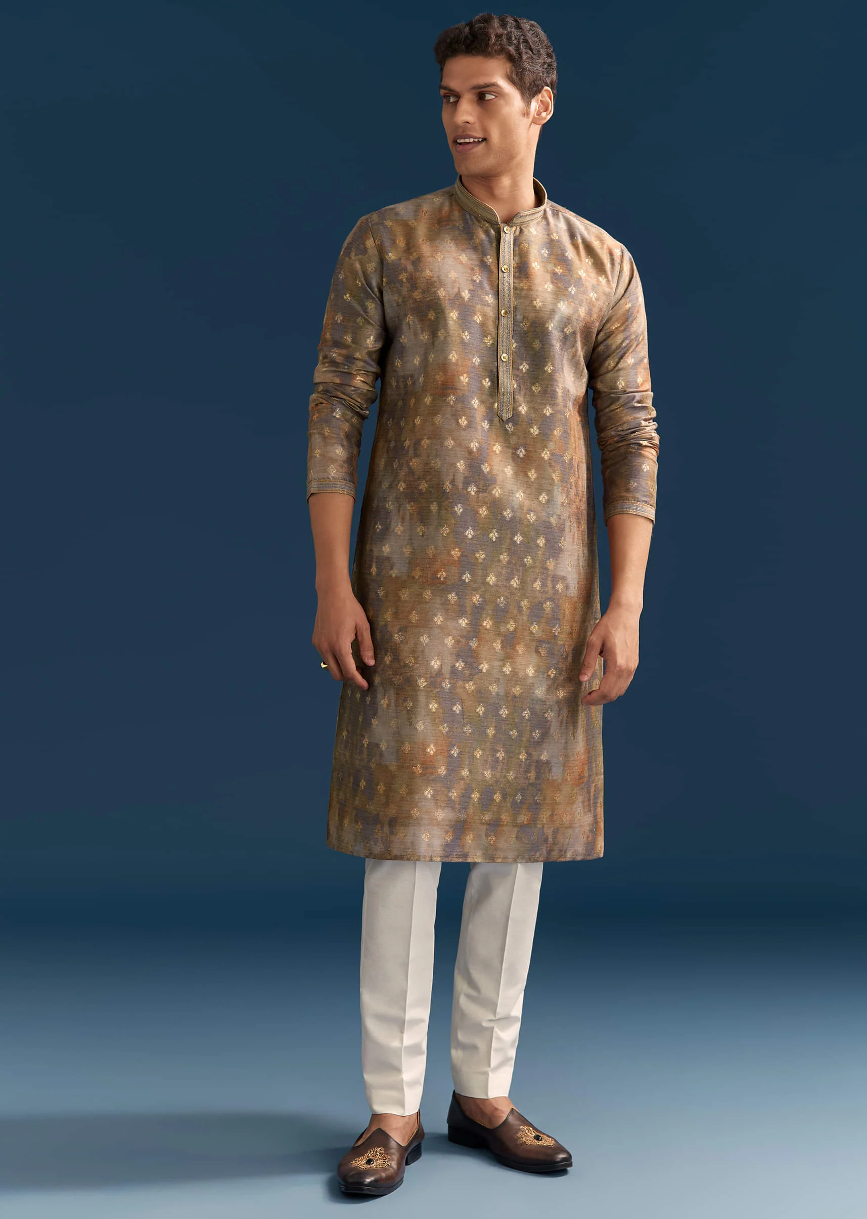 Multicolour Silk Printed Kurta Set For Men With Foil Butti Work - Image 3