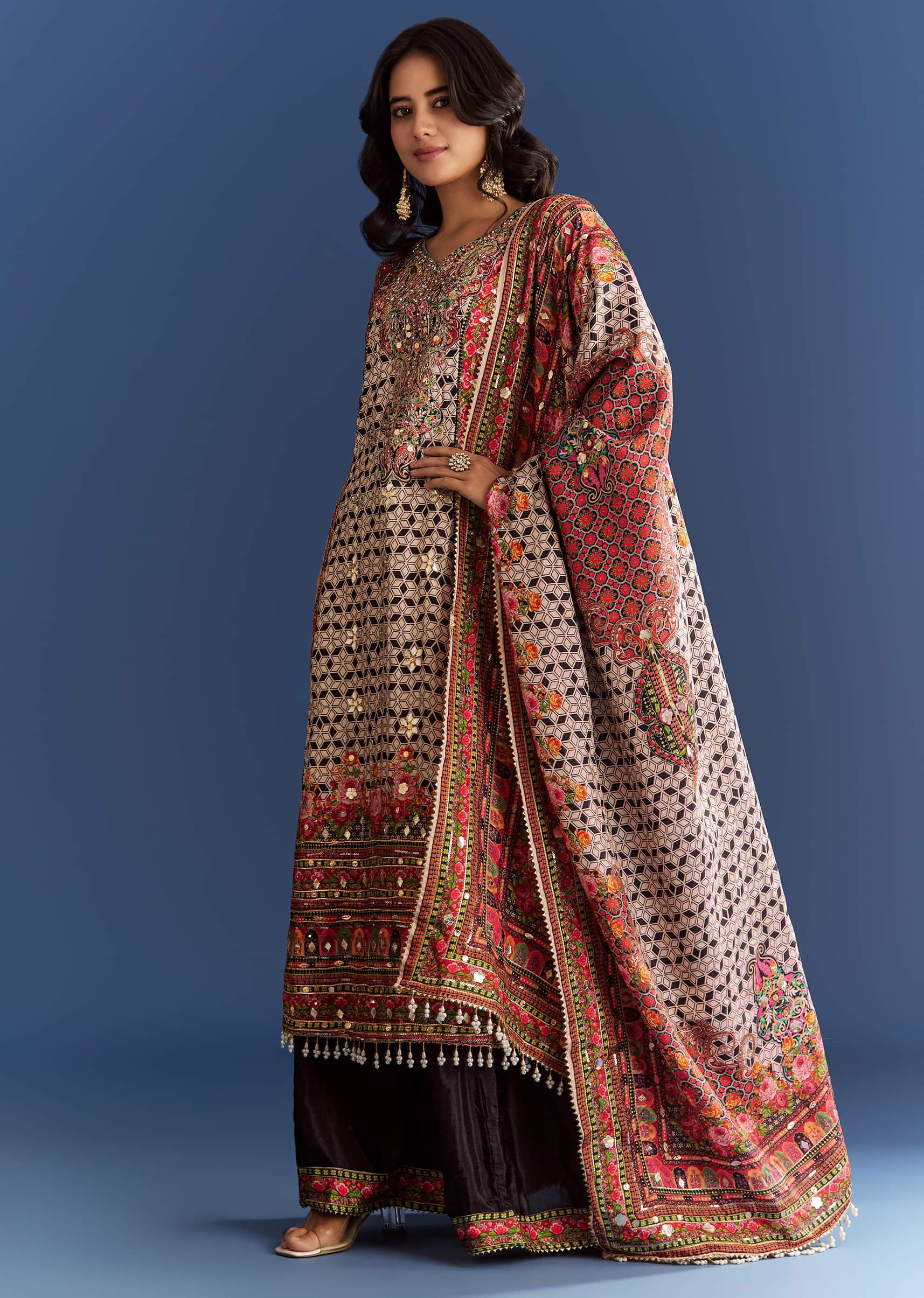 Multicolour Tabby Silk Printed Kurta Palazzo With Dupatta - Image 3