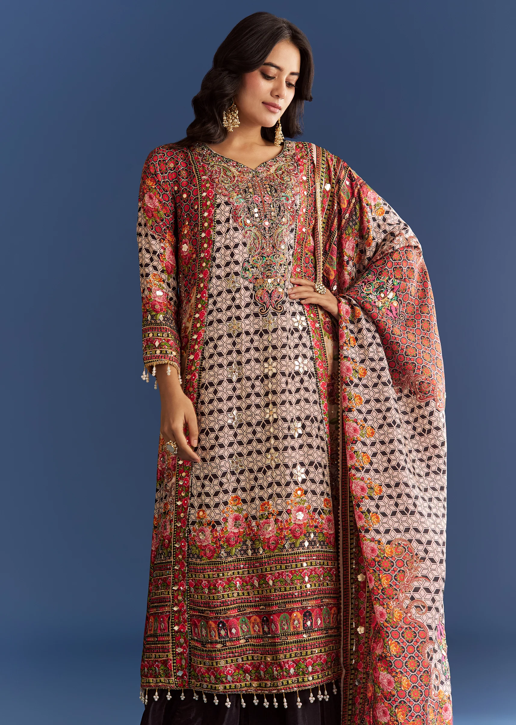 Multicolour Tabby Silk Printed Kurta Palazzo With Dupatta - Image 4
