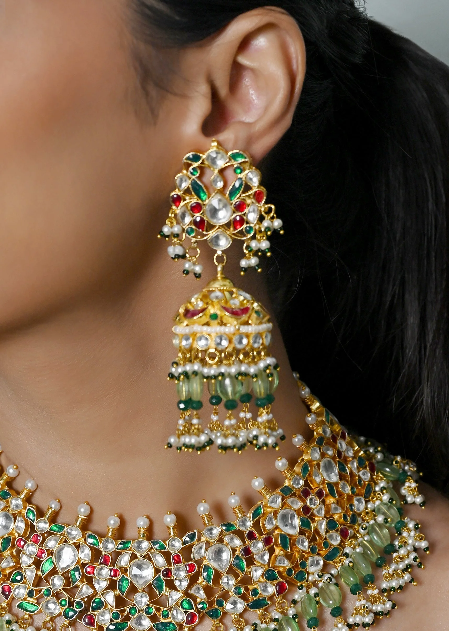Multicolour With Gold Kundan Necklace Set With Earrings And Maang Tikka