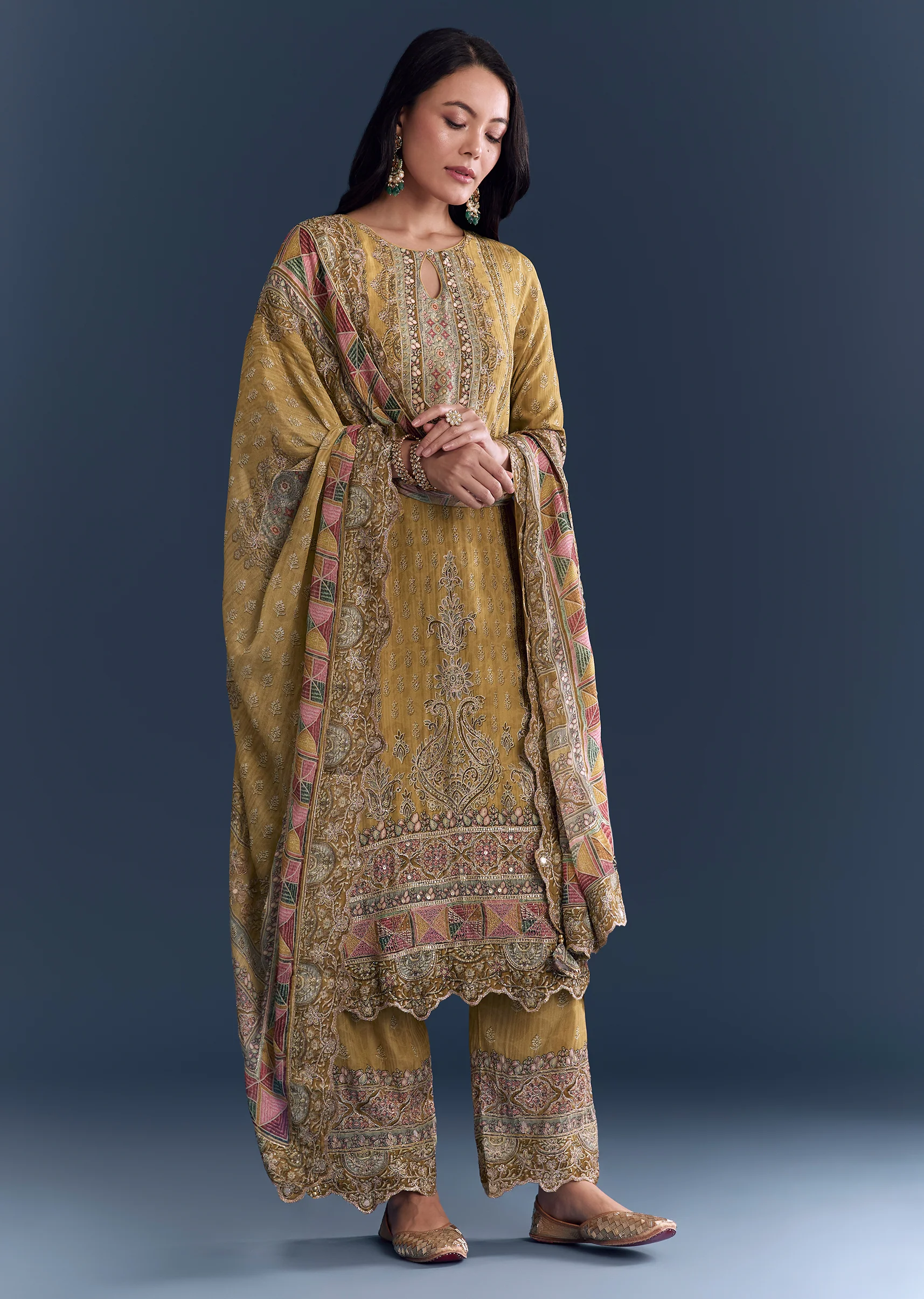 Mustard Ajrakh Cultural Pair – Indie Print Zari Kurta Set For Her And Yellow Linen Ajrakh Kurta Set For Him - Image 3