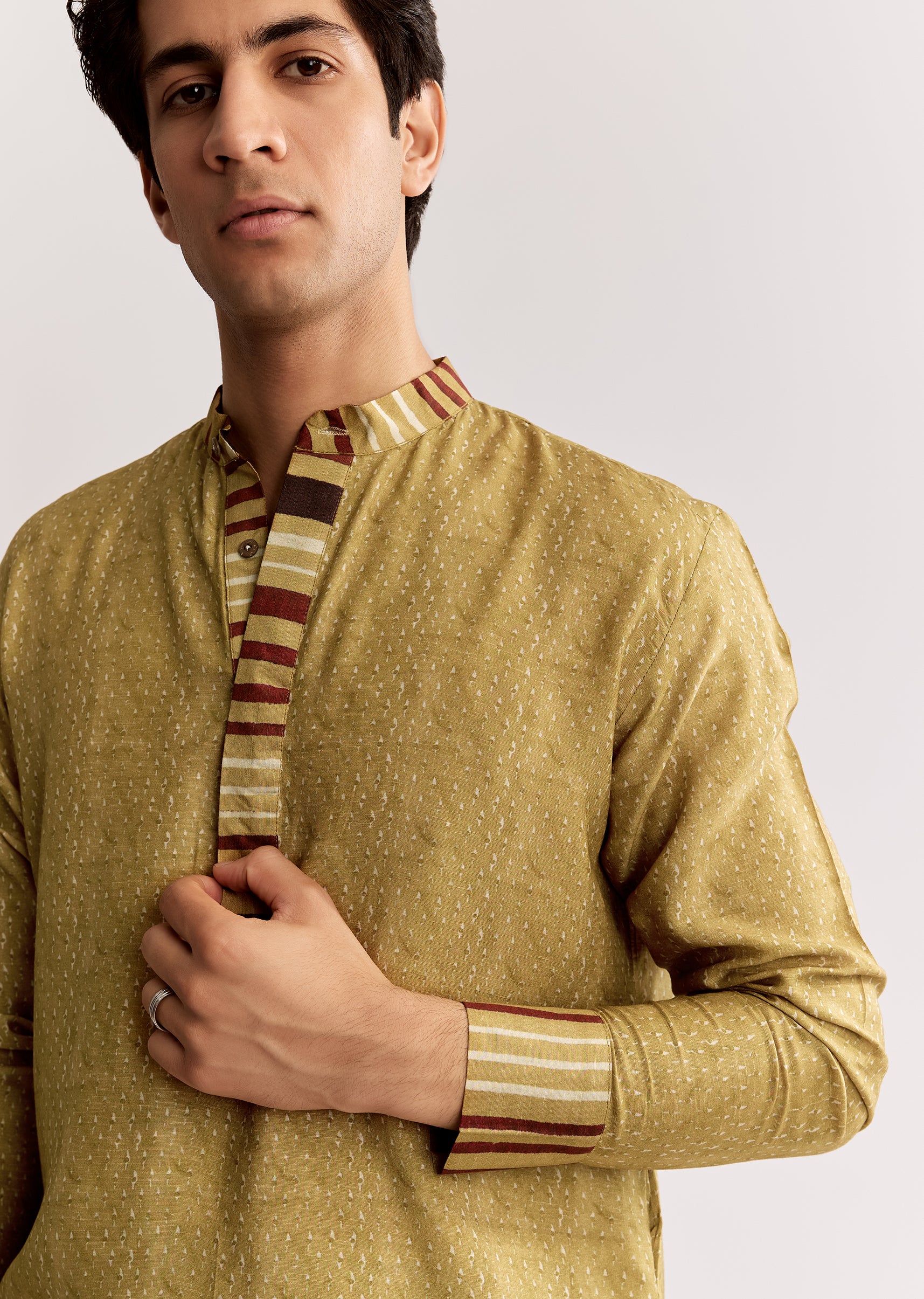 Mustard Ajrakh Cultural Pair – Indie Print Zari Kurta Set For Her And Yellow Linen Ajrakh Kurta Set For Him - Image 7