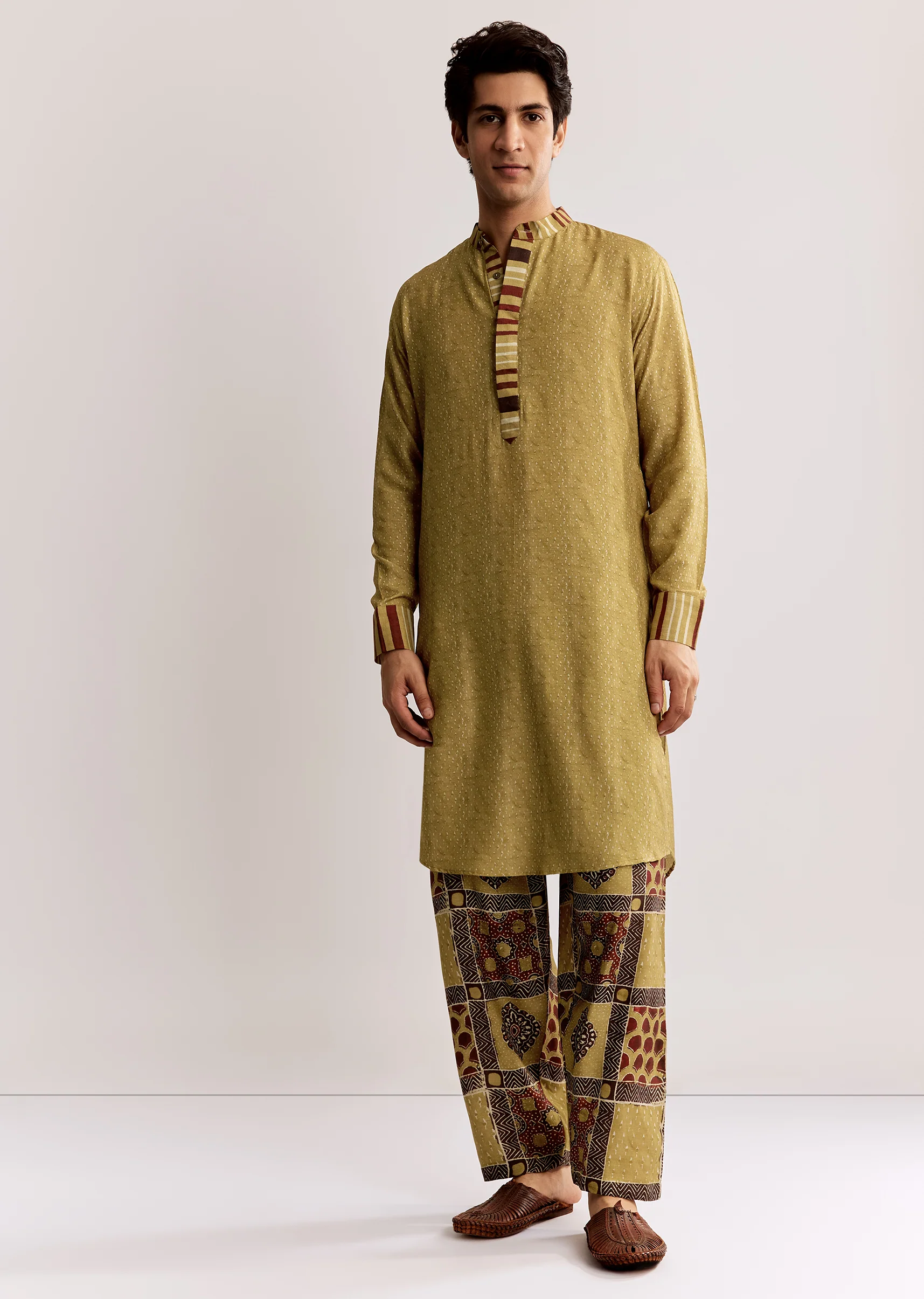 Mustard Ajrakh Cultural Pair – Indie Print Zari Kurta Set For Her And Yellow Linen Ajrakh Kurta Set For Him - Image 8