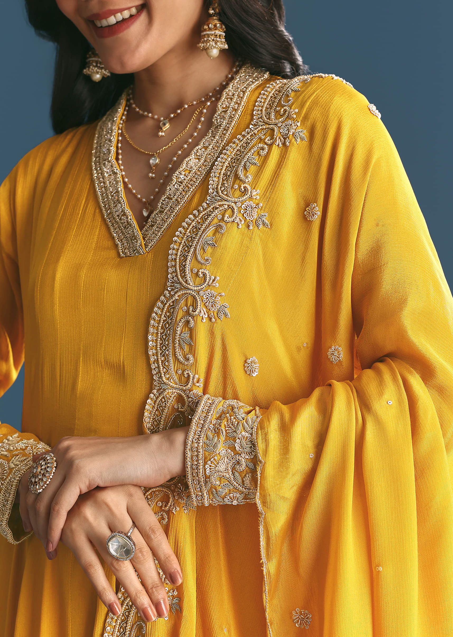 Mustard Chinon Anarkali Suit With Zardosi Work Dupatta - Image 2