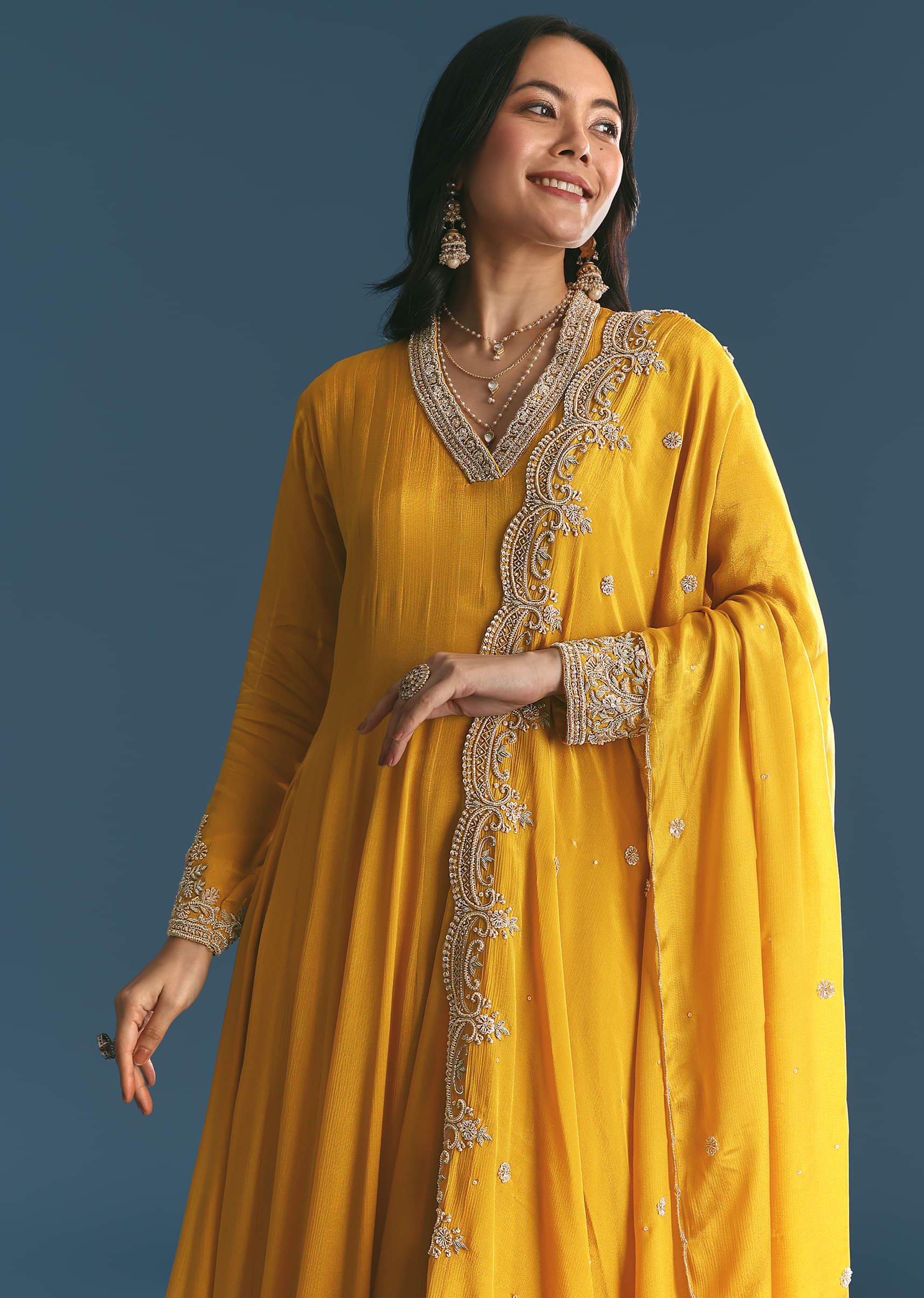 Mustard Chinon Anarkali Suit With Zardosi Work Dupatta - Image 3