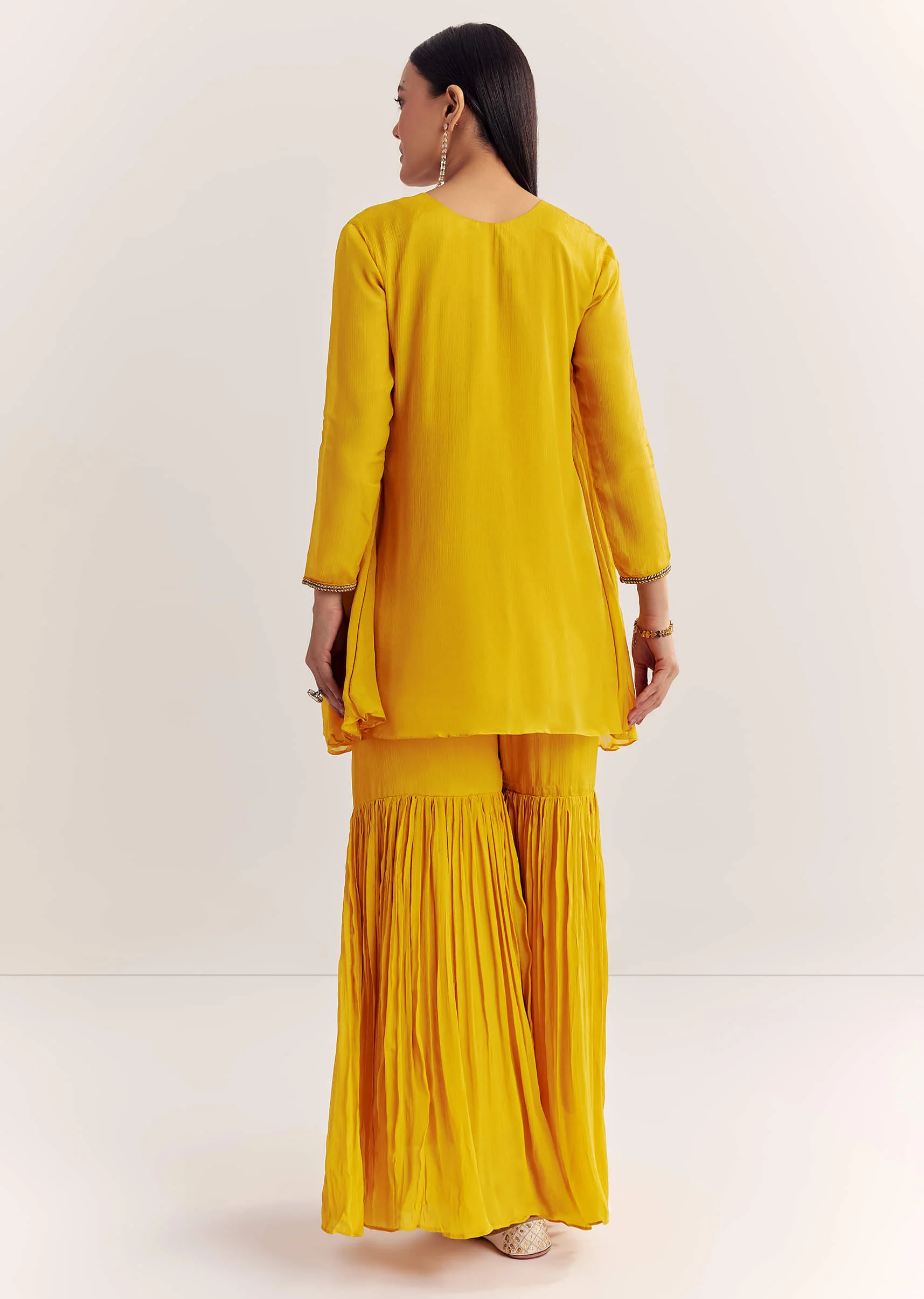 Mustard Chinon Flared Kurta With Thread Work - Image 5