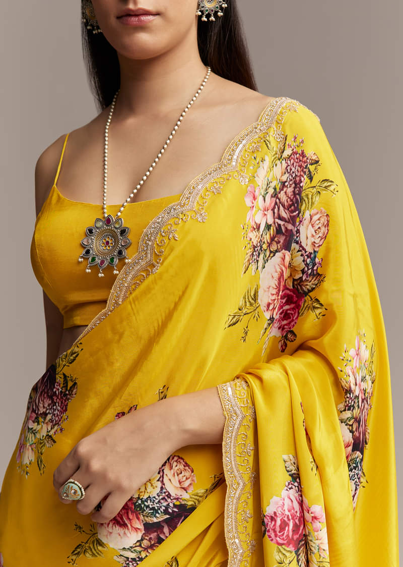 Mustard Floral Crepe Saree With Embroidered Scallop Border - Image 2