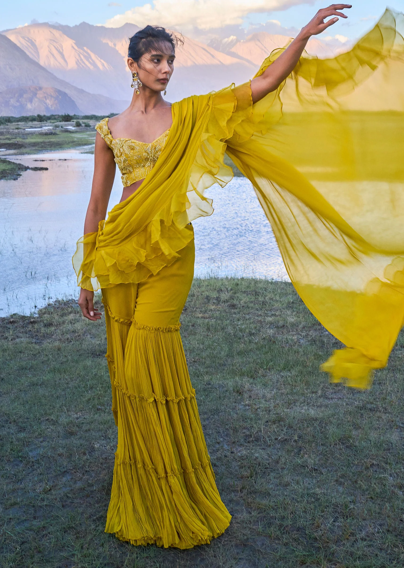 Mustard Georgette Pre Draped Sharara With Embroidered Blouse - Image 5