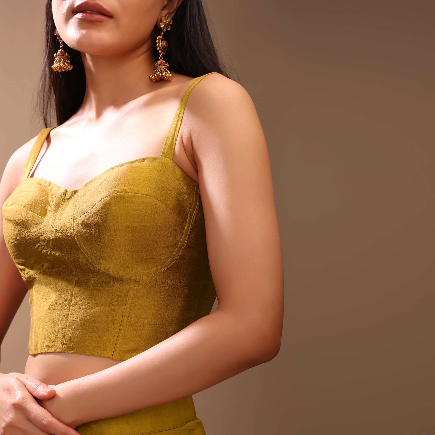 Mustard Gold Corset Top In Raw Silk With Strap Sleeves And Boning Detailing - Image 2